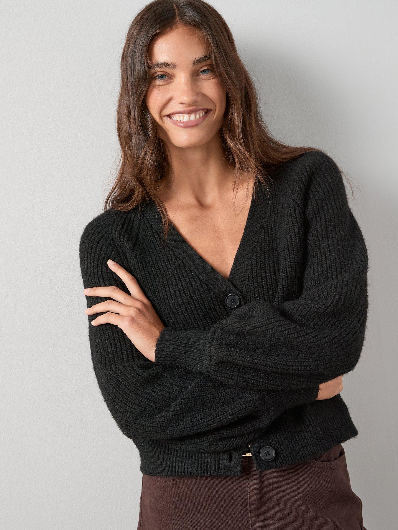 Image 1 of 6 of The Very Collection Timeless Yarn V Neck Knitted Cardigan - Black