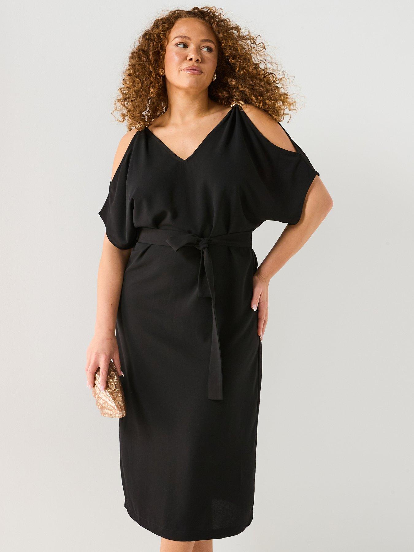 undefined Gold Trim Cold Shoulder Midi Dress - Black