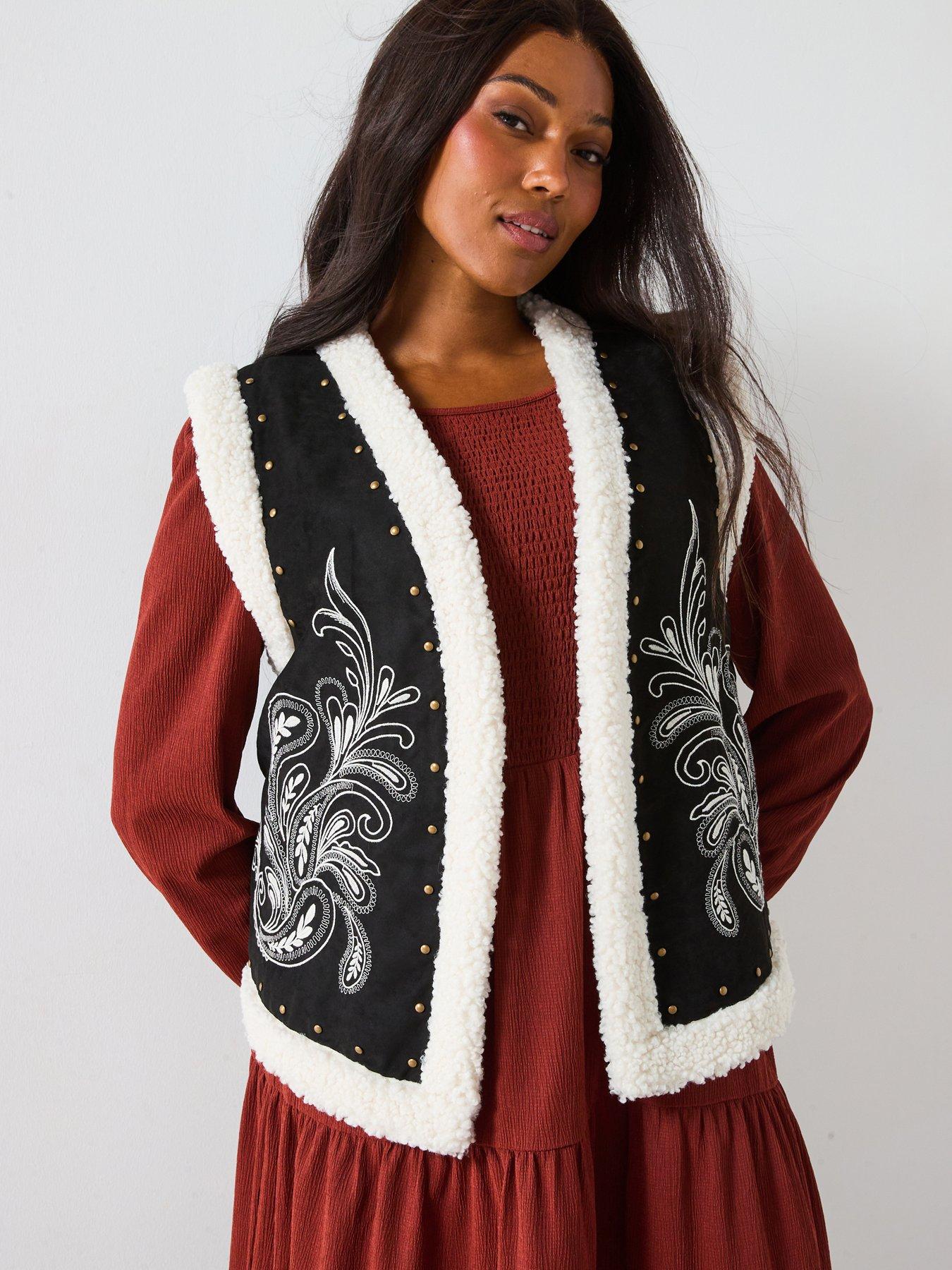 undefined Embroidered Faux Fur Gilet - Black