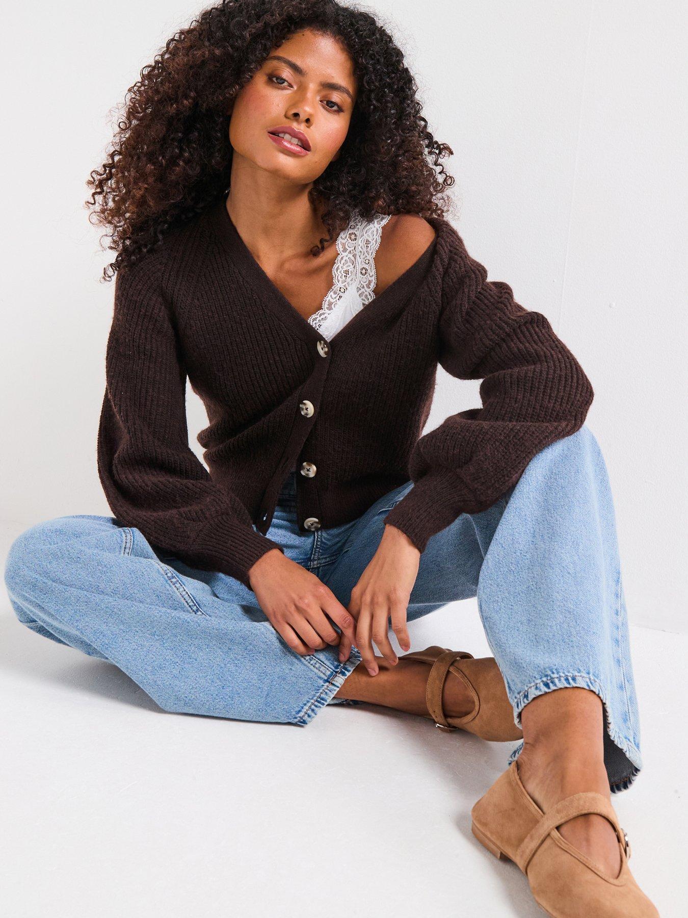 Image 5 of 6 of V by Very Timeless Yarn V Neck Cardigan - Chocolate