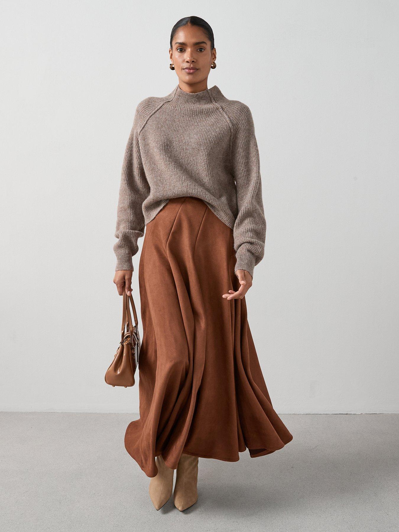 Image 3 of 7 of The Very Collection Funnel Neck Seam Detail Jumper With Wool - Brown