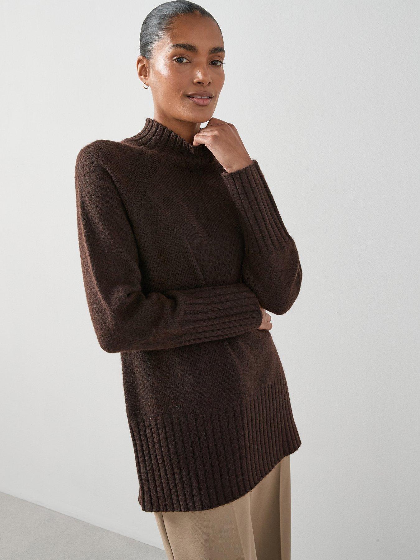 Image 1 of 7 of The Very Collection Timeless Yarn Longline Funnel Neck Jumper - Brown