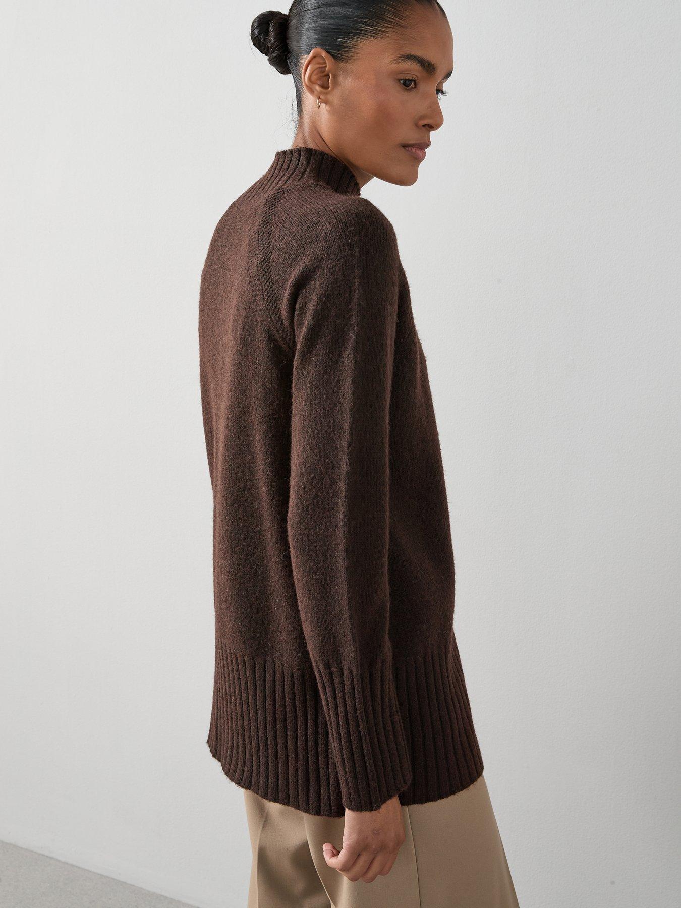 Image 6 of 7 of The Very Collection Timeless Yarn Longline Funnel Neck Jumper - Brown