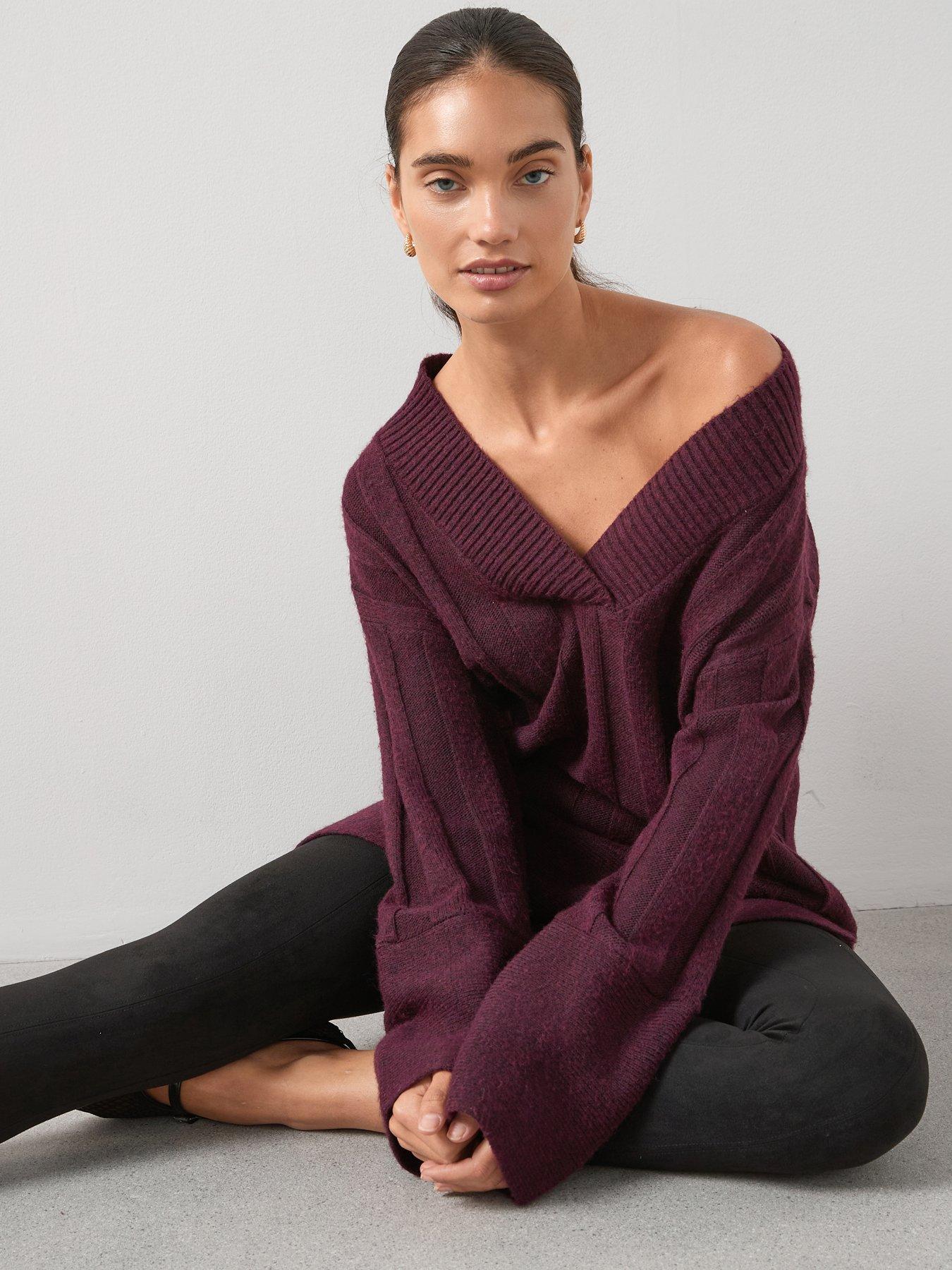 undefined Timeless Yarn Deep Rib Longline V Neck Jumper - Burgundy