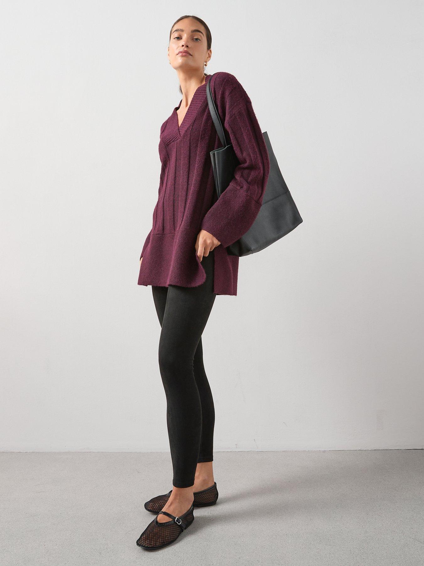 Image 3 of 7 of The Very Collection Timeless Yarn Deep Rib Longline V Neck Jumper - Burgundy
