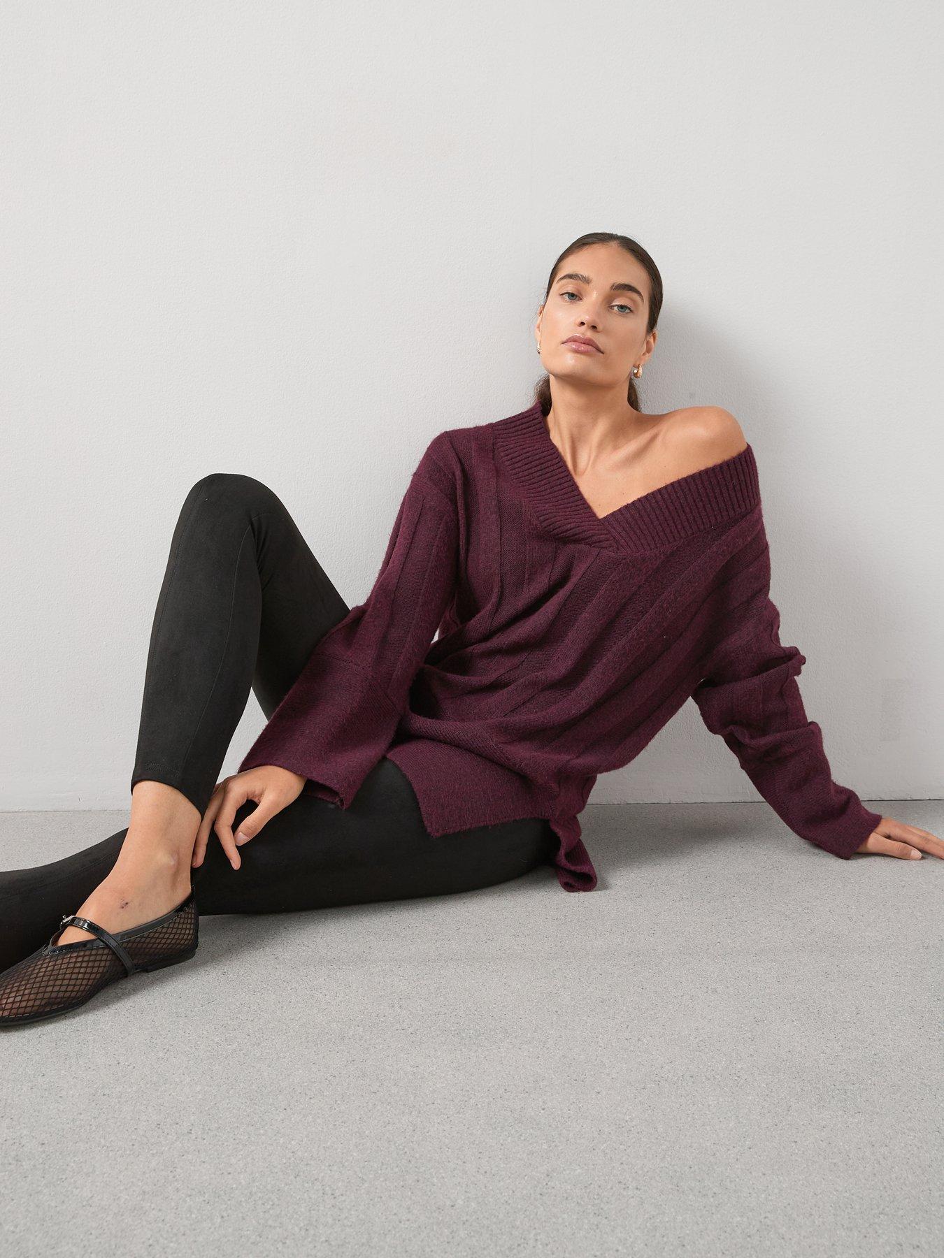 Image 6 of 7 of The Very Collection Timeless Yarn Deep Rib Longline V Neck Jumper - Burgundy