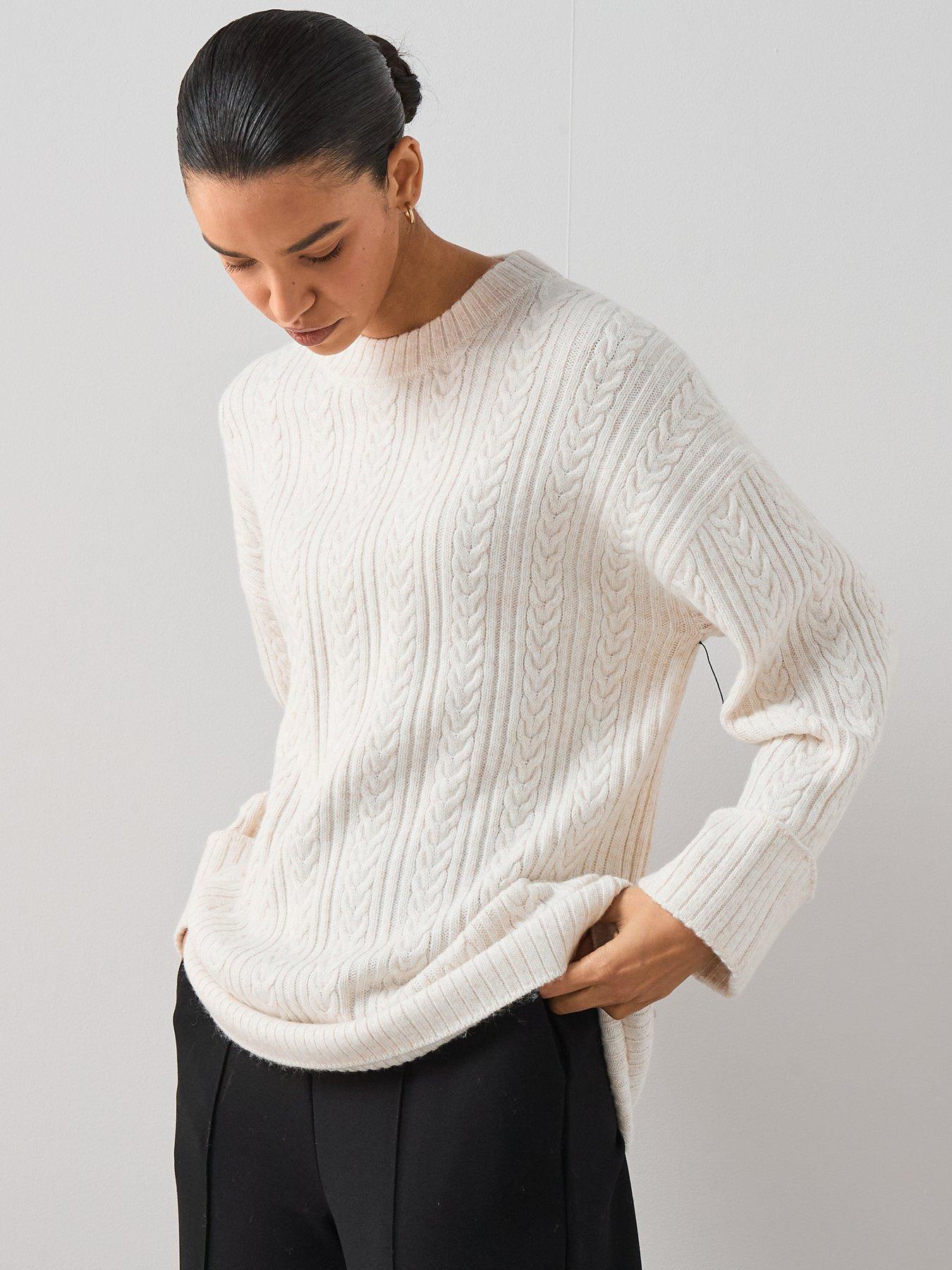 undefined Timeless Yarn Crew Neck Turn Up Cuff Cable Jumper - Cream