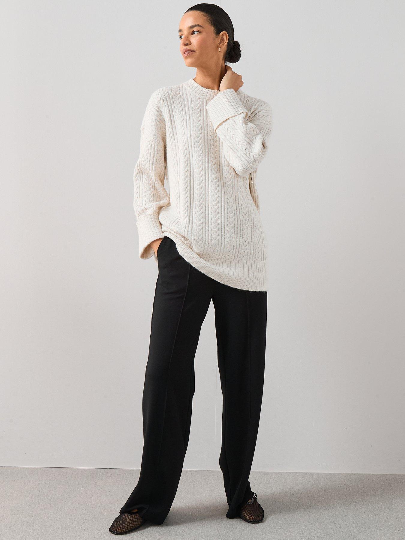 Image 3 of 7 of The Very Collection Timeless Yarn Crew Neck Turn Up Cuff Cable Jumper - Cream