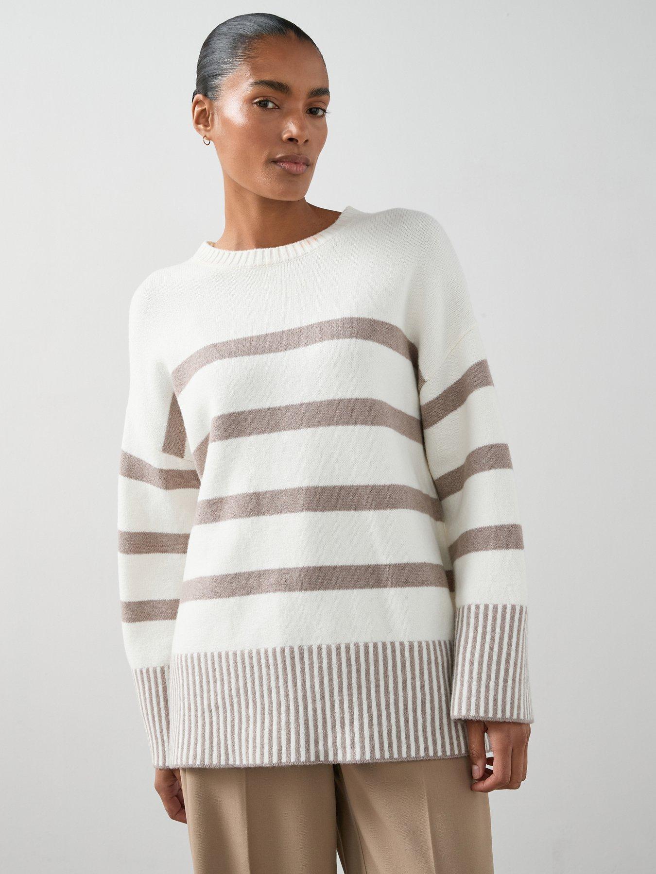 Image 1 of 7 of The Very Collection Cosy Yarn Crew Neck Longline Stripe Jumper - Cream