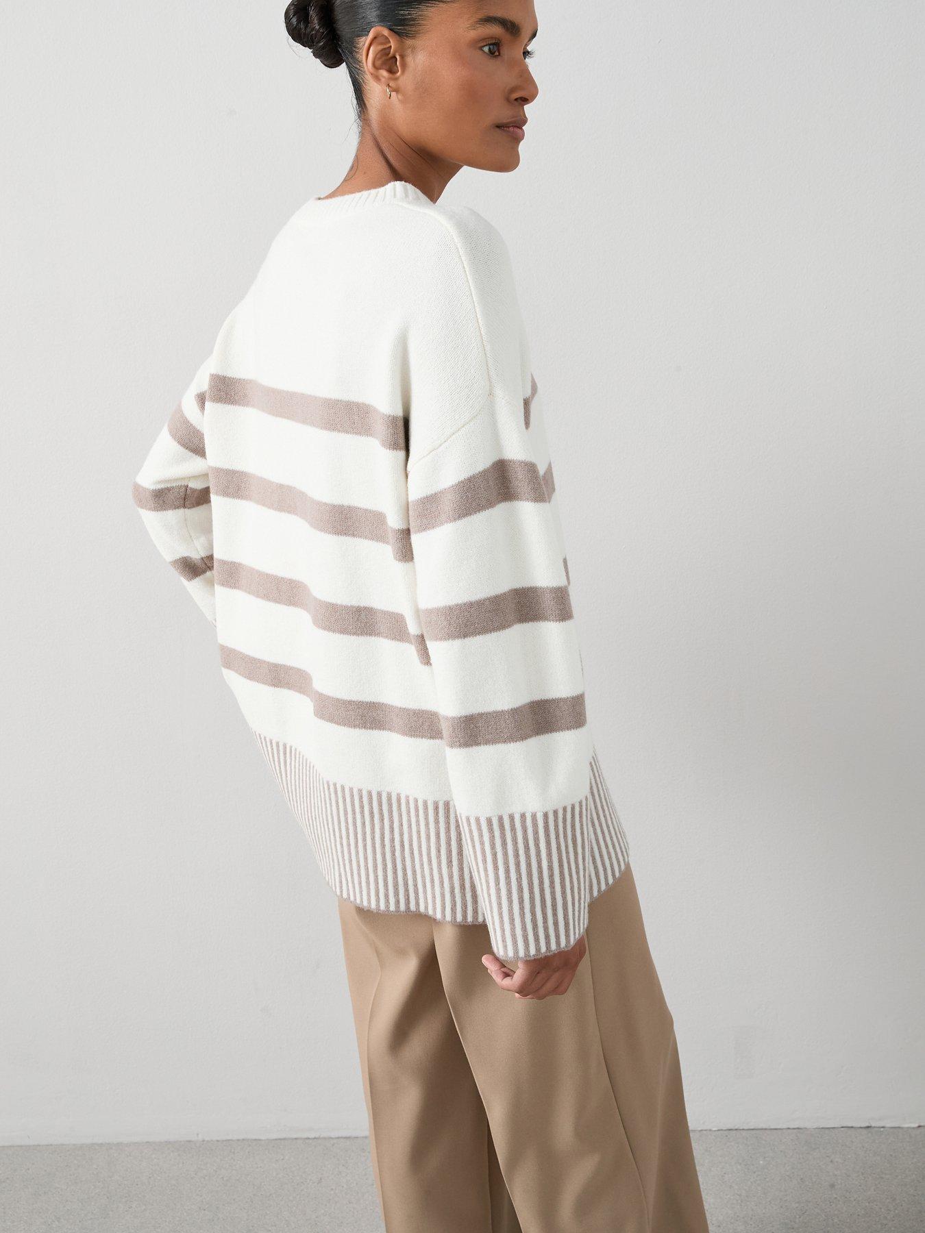 Image 2 of 7 of The Very Collection Cosy Yarn Crew Neck Longline Stripe Jumper - Cream