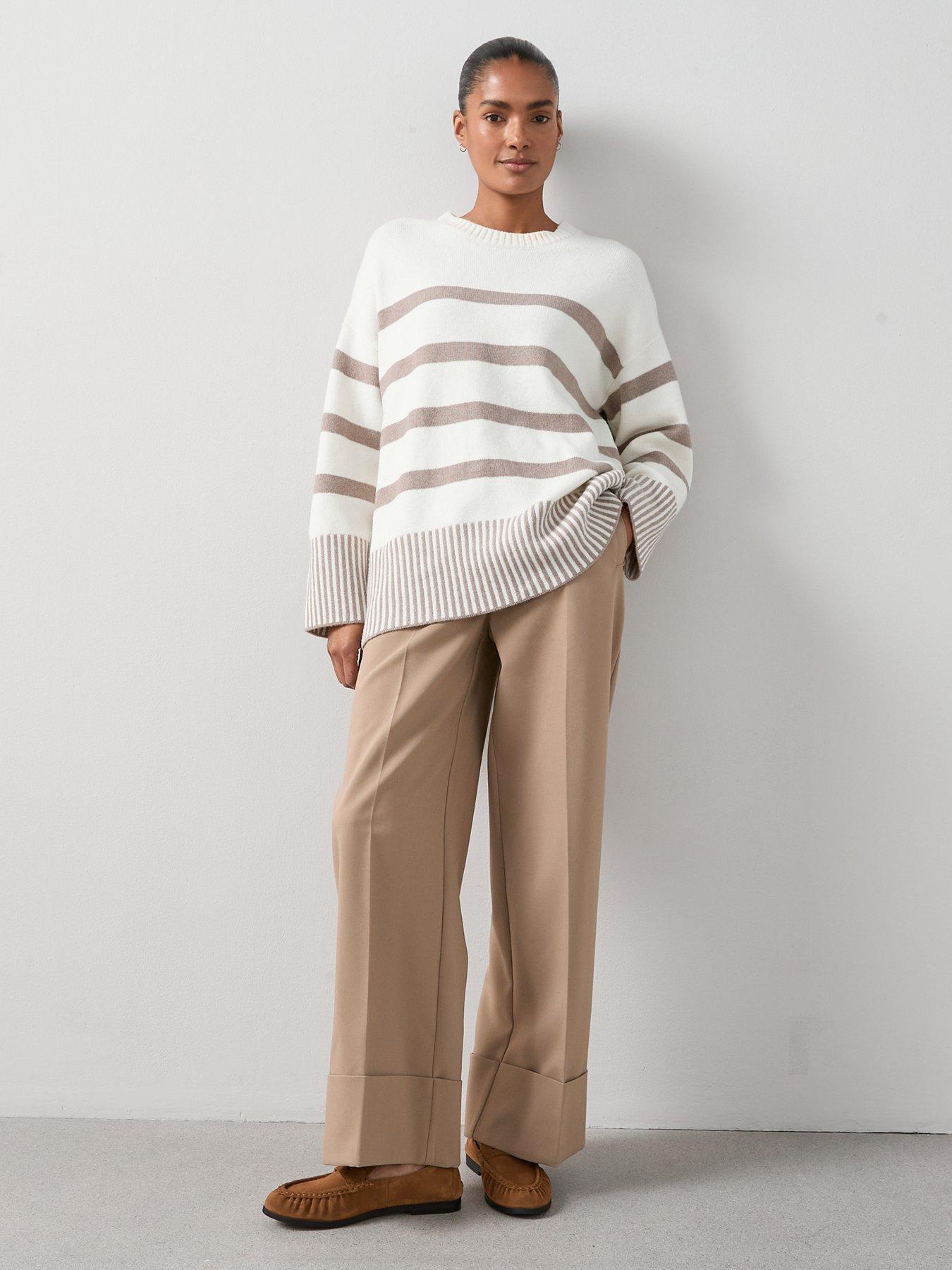 Image 3 of 7 of The Very Collection Cosy Yarn Crew Neck Longline Stripe Jumper - Cream