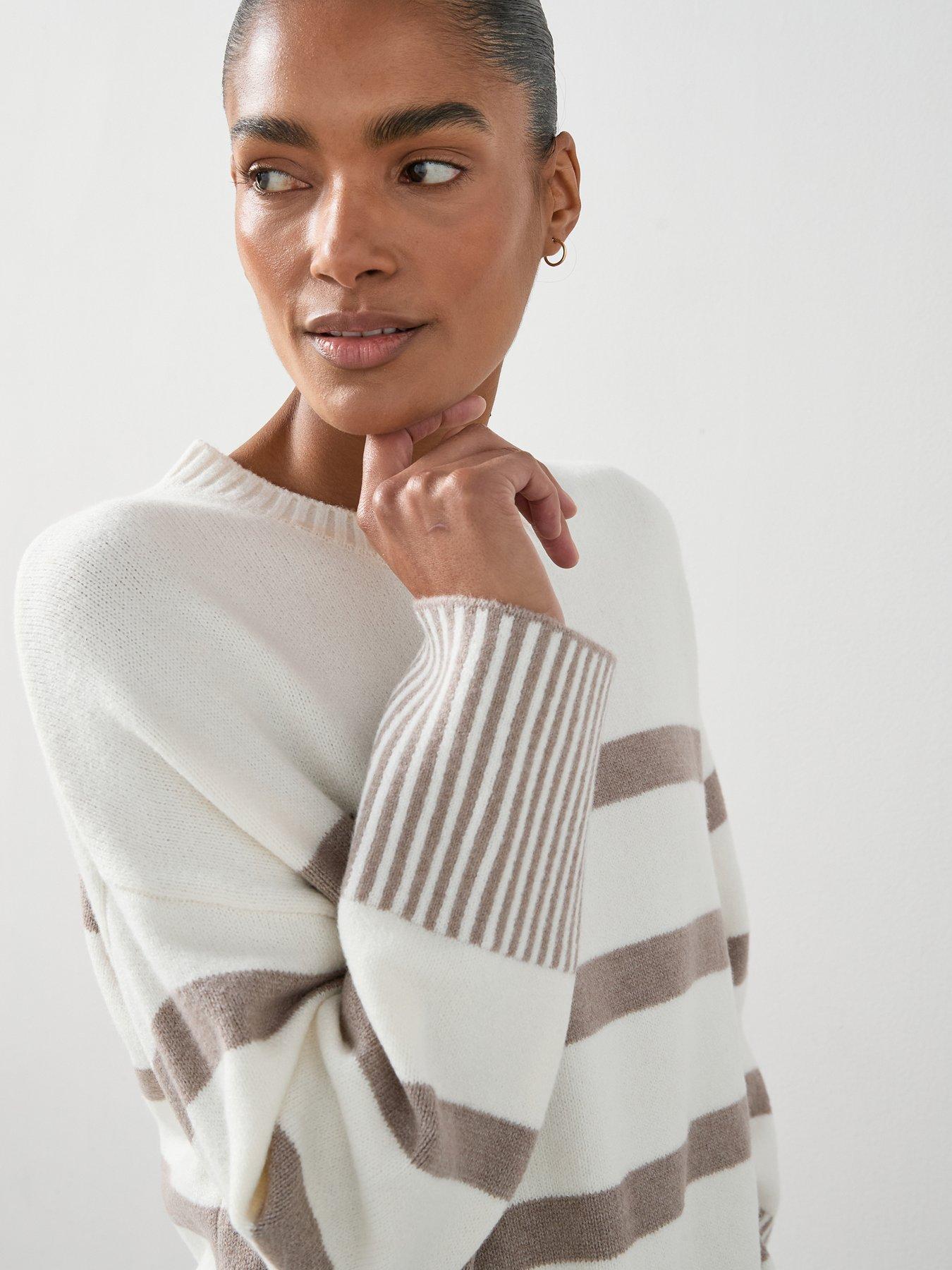Image 4 of 7 of The Very Collection Cosy Yarn Crew Neck Longline Stripe Jumper - Cream