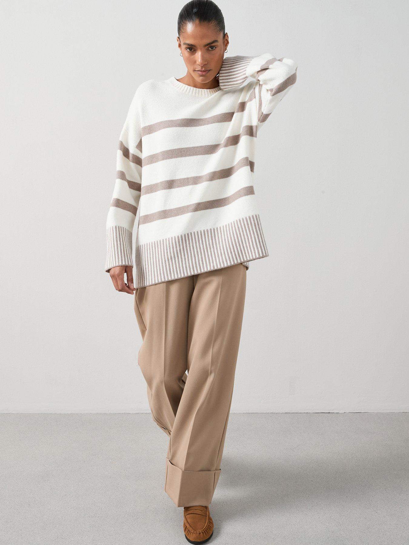 Image 5 of 7 of The Very Collection Cosy Yarn Crew Neck Longline Stripe Jumper - Cream