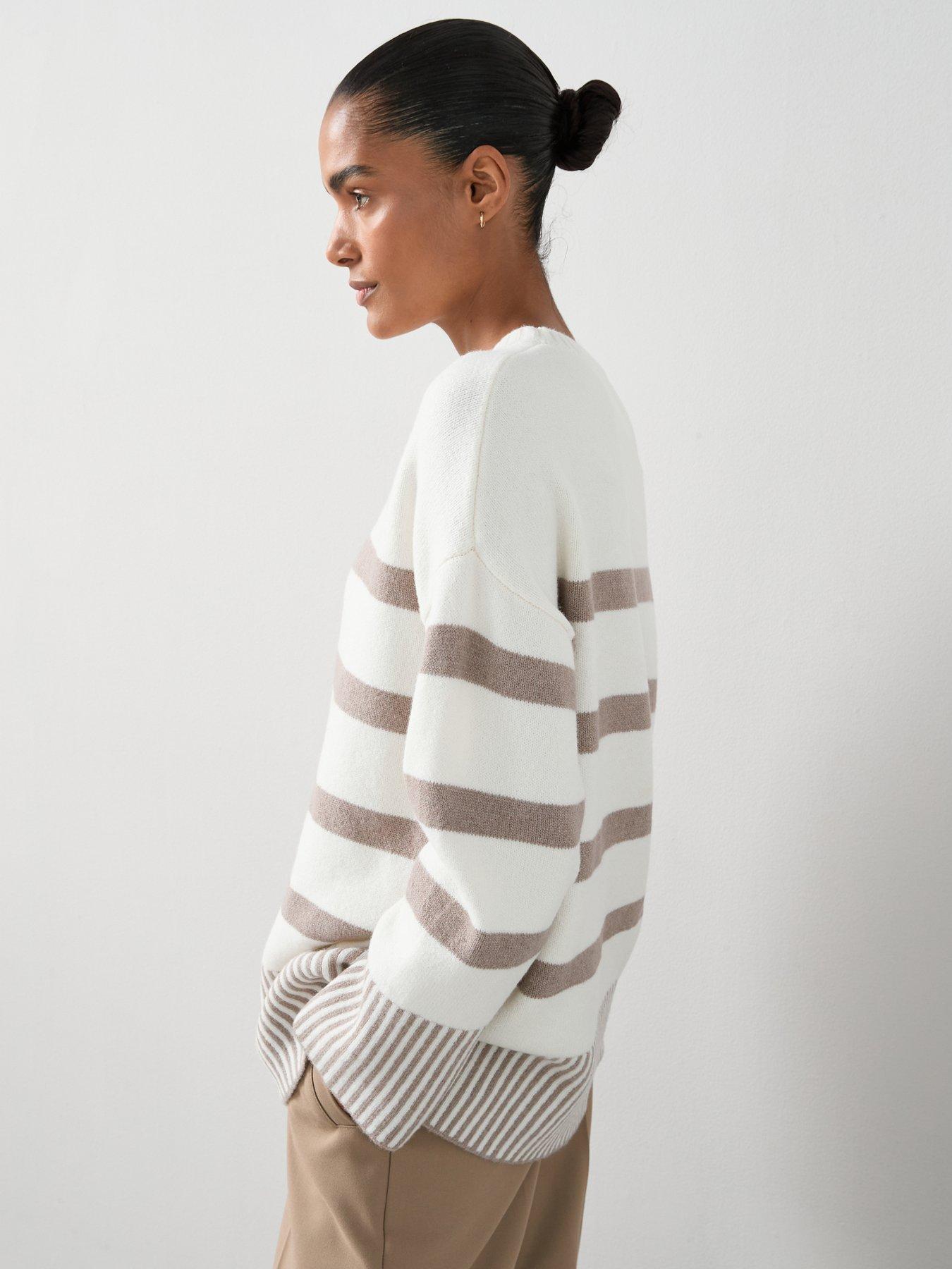 Image 6 of 7 of The Very Collection Cosy Yarn Crew Neck Longline Stripe Jumper - Cream