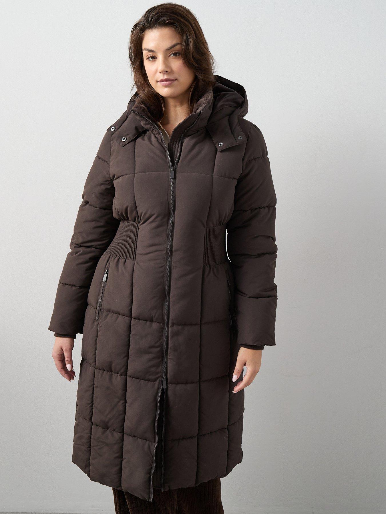 The Very Collection Curve Rib Detail Puffer Coat - Dark Brown