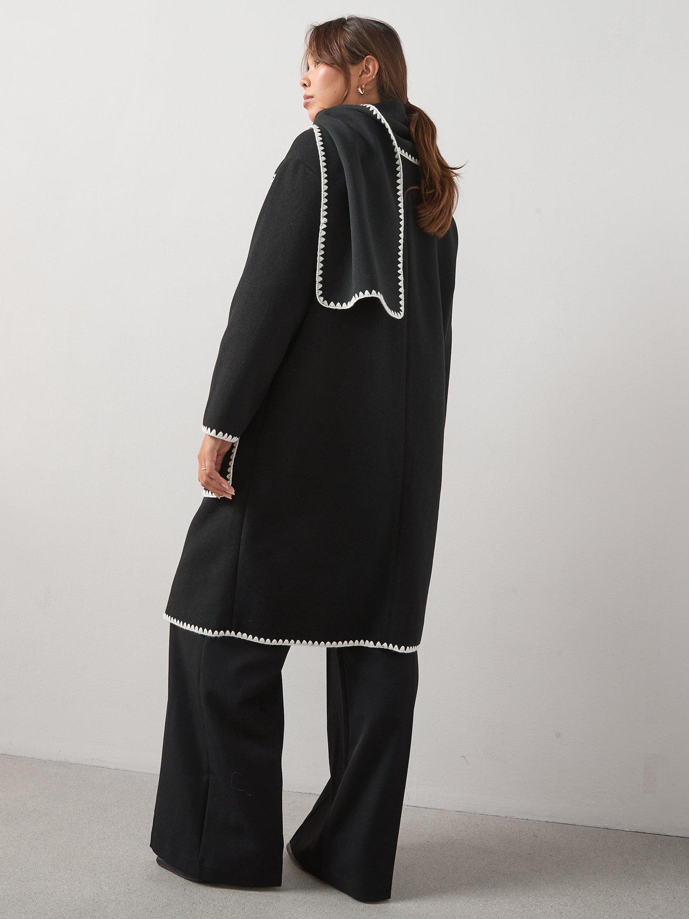 Image 2 of 6 of V by Very Curve Stitch Detail Scarf Coat - Black