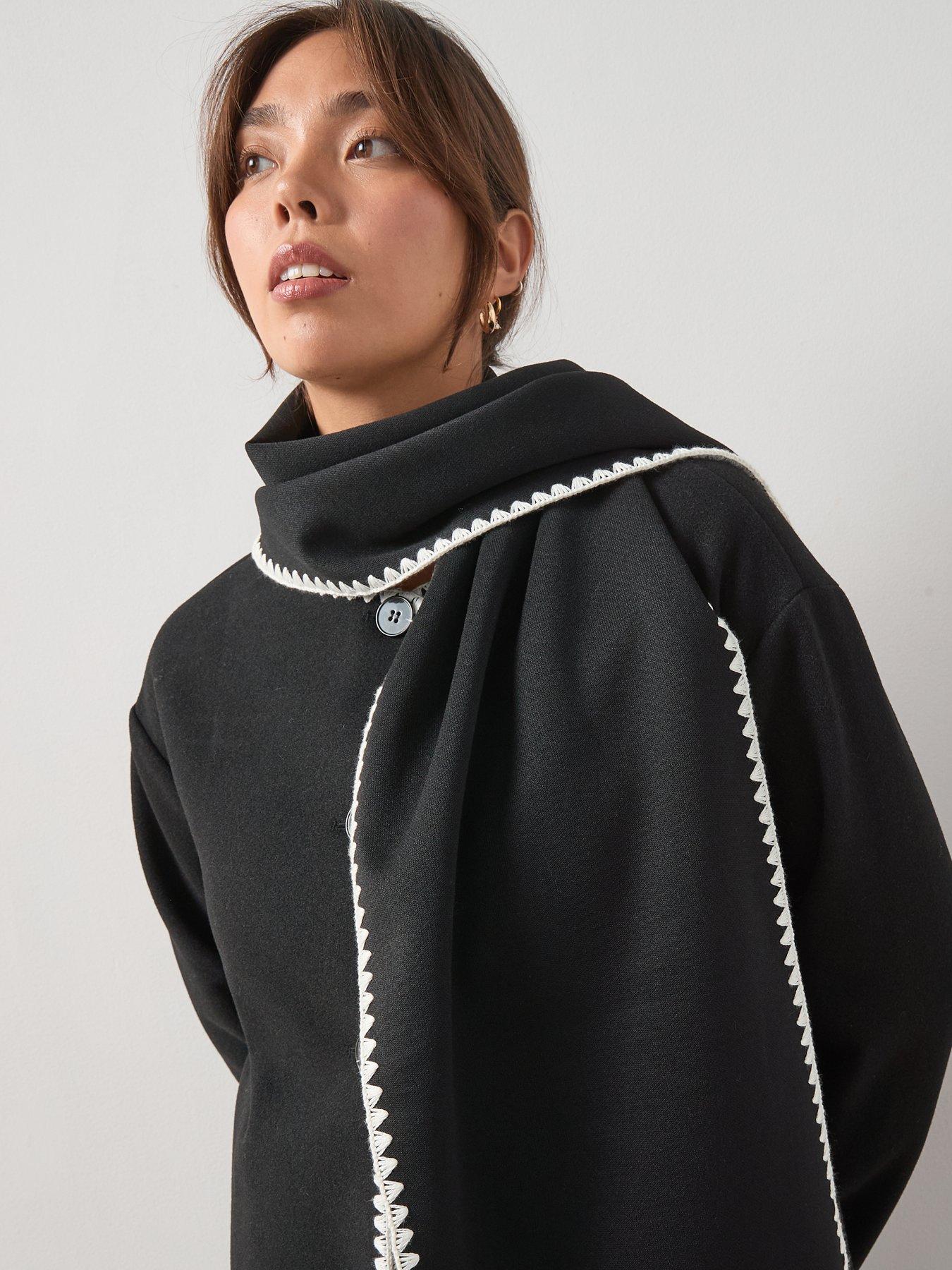 Image 6 of 6 of V by Very Curve Stitch Detail Scarf Coat - Black