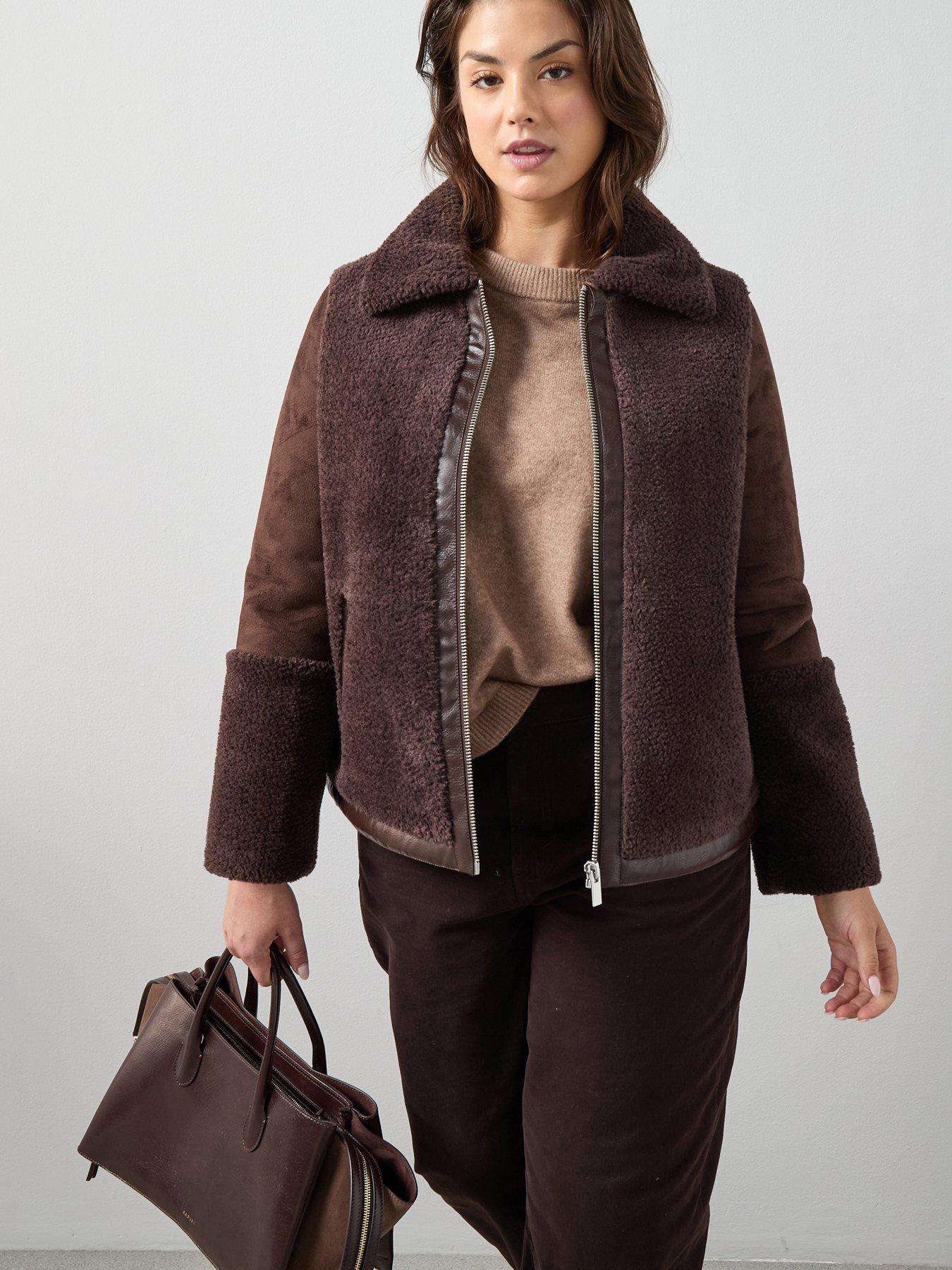 The Very Collection Curve Faux Fur Aviator Jacket - Dark Brown