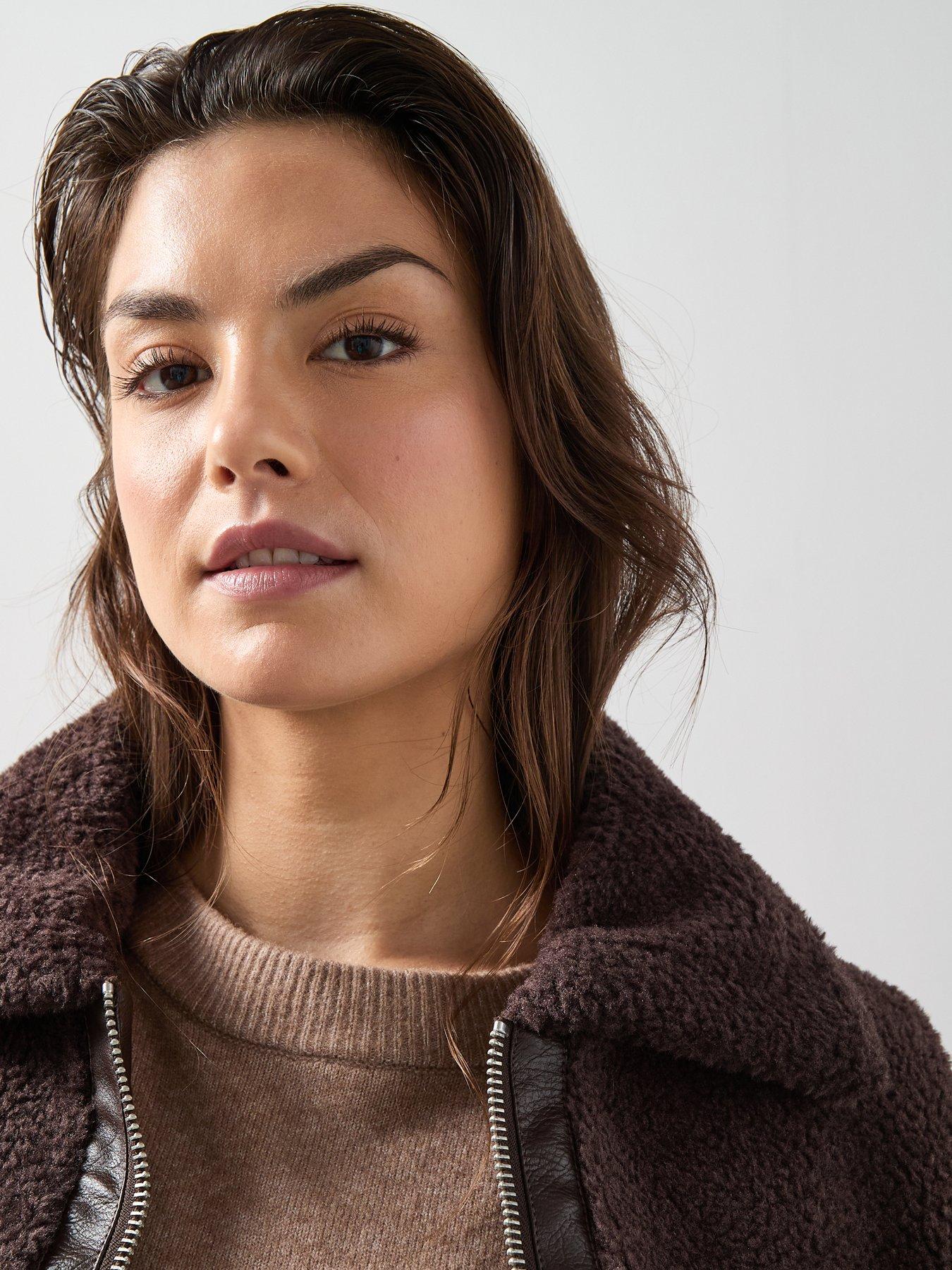 Image 4 of 6 of The Very Collection Curve Faux Fur Aviator Jacket - Dark Brown