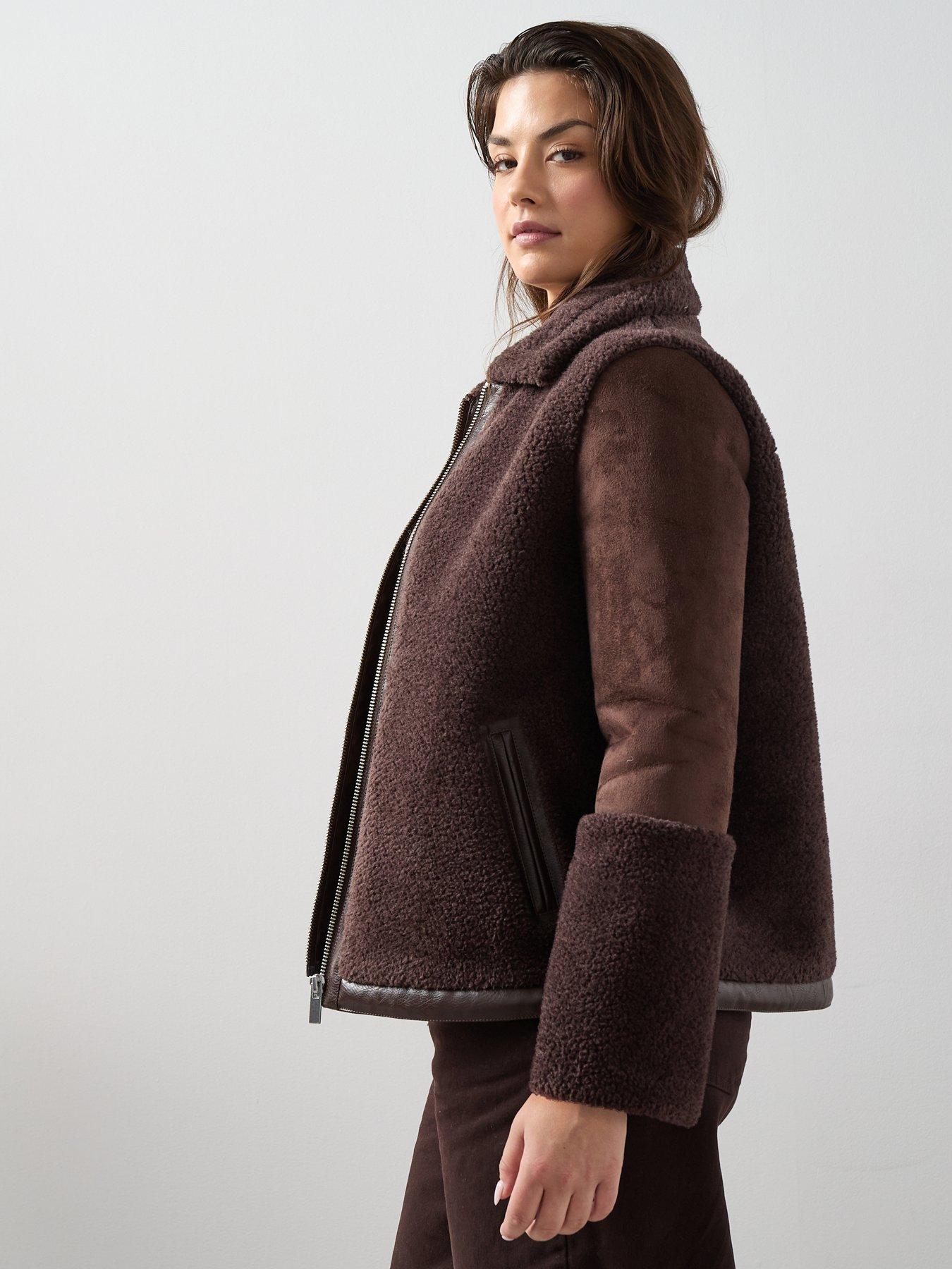 Image 5 of 6 of The Very Collection Curve Faux Fur Aviator Jacket - Dark Brown