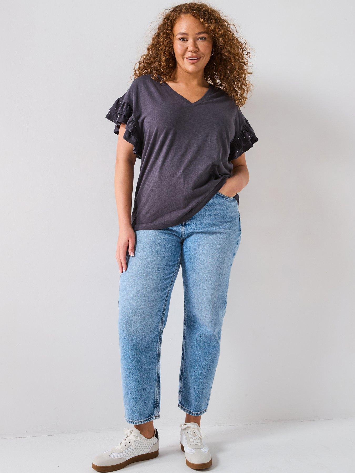 undefined Frill Stud Detail T-Shirt - Dark Grey