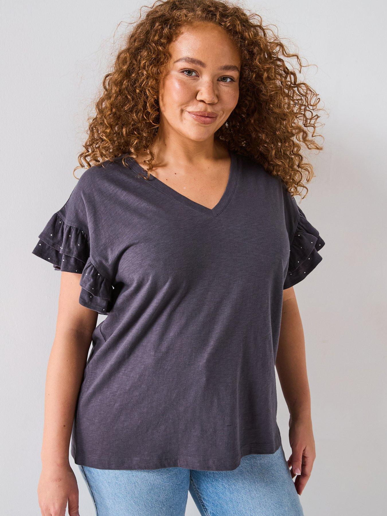 undefined Frill Stud Detail T-Shirt - Dark Grey