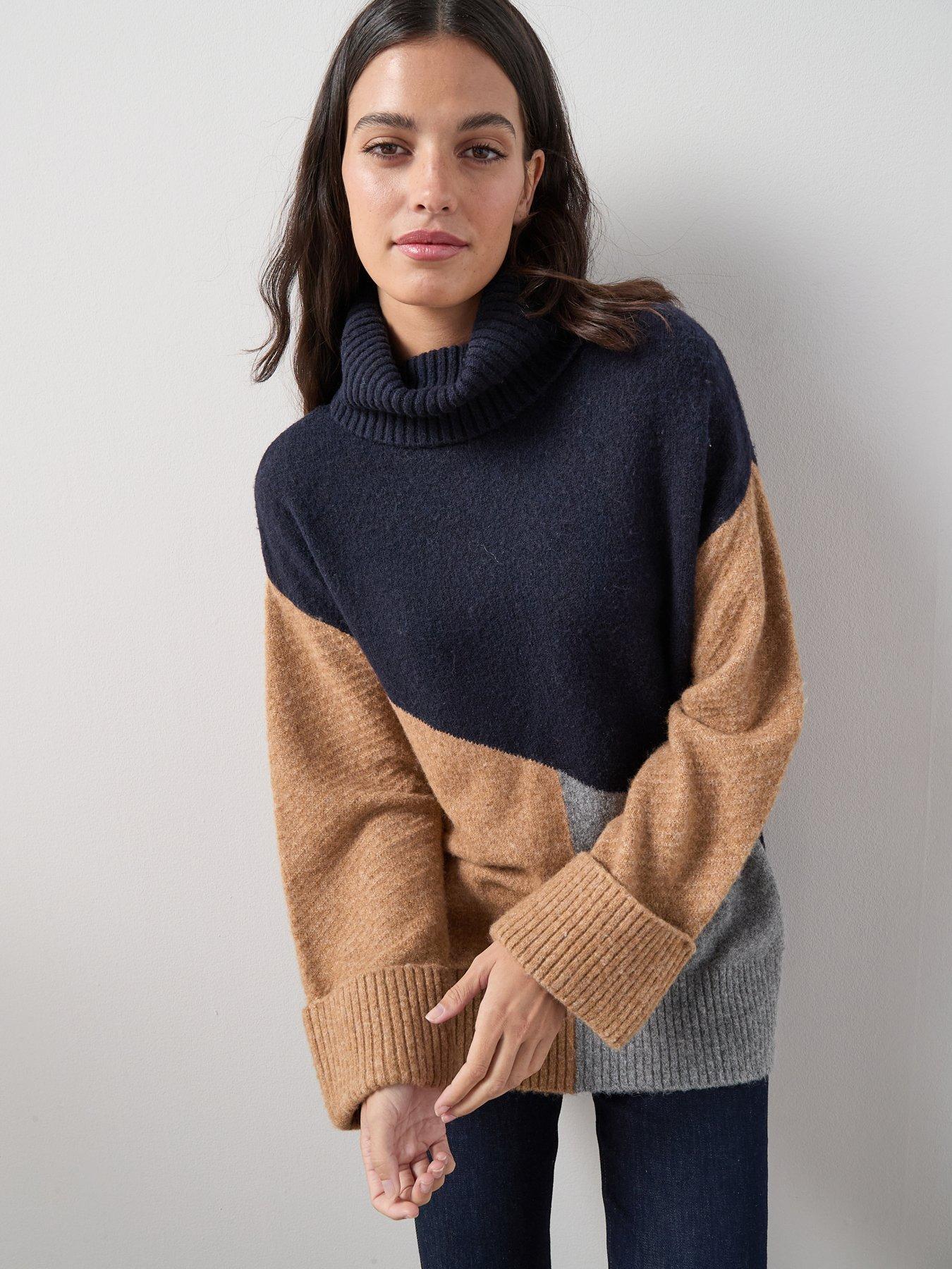 The Very Collection Roll Neck Turn Up Cuff Colourblock Oversized Jumper - Multi