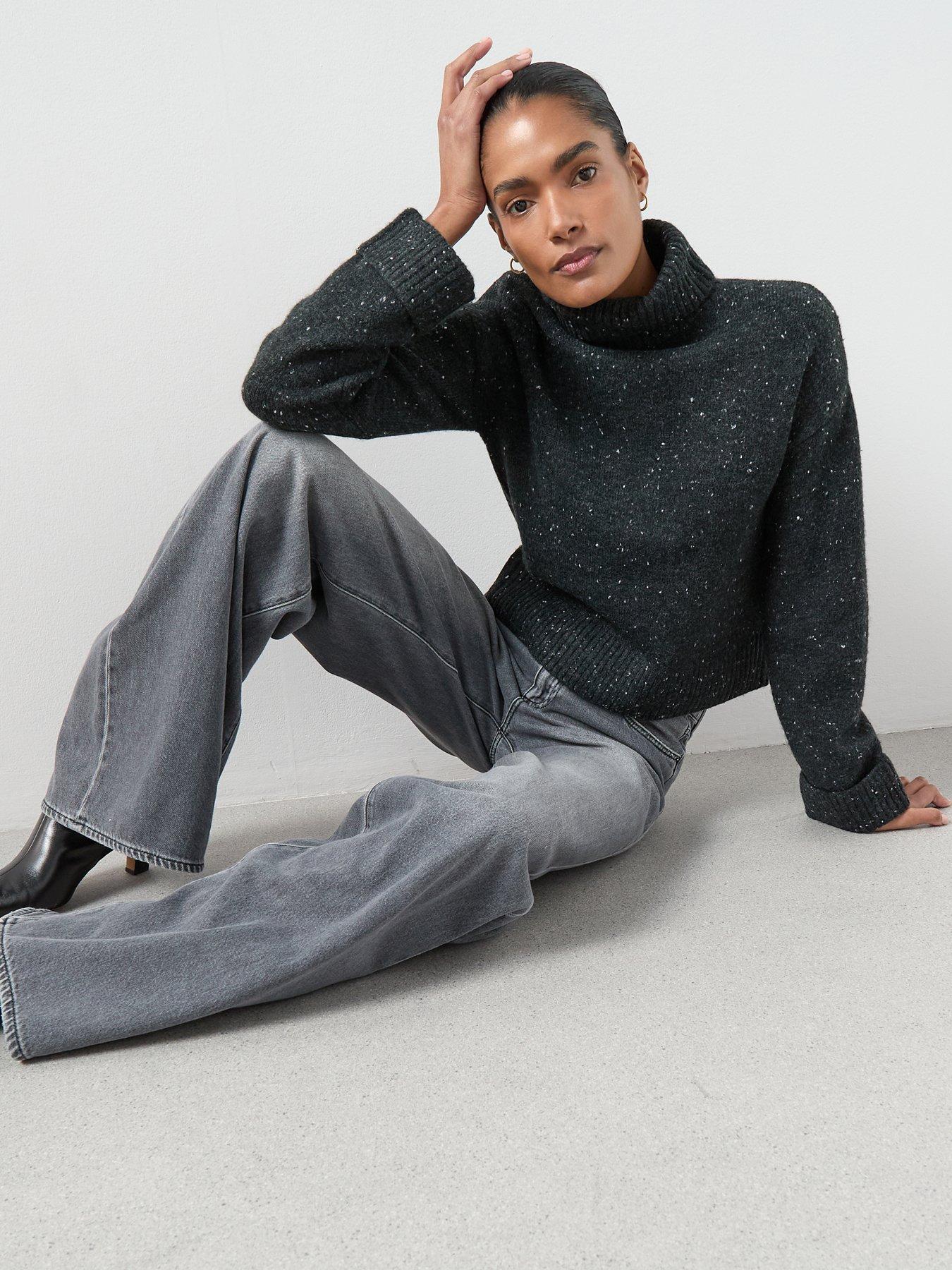  image of the-very-collection-roll-neck-turn-up-cuff-jumper-salt-amp-peppernbspblack