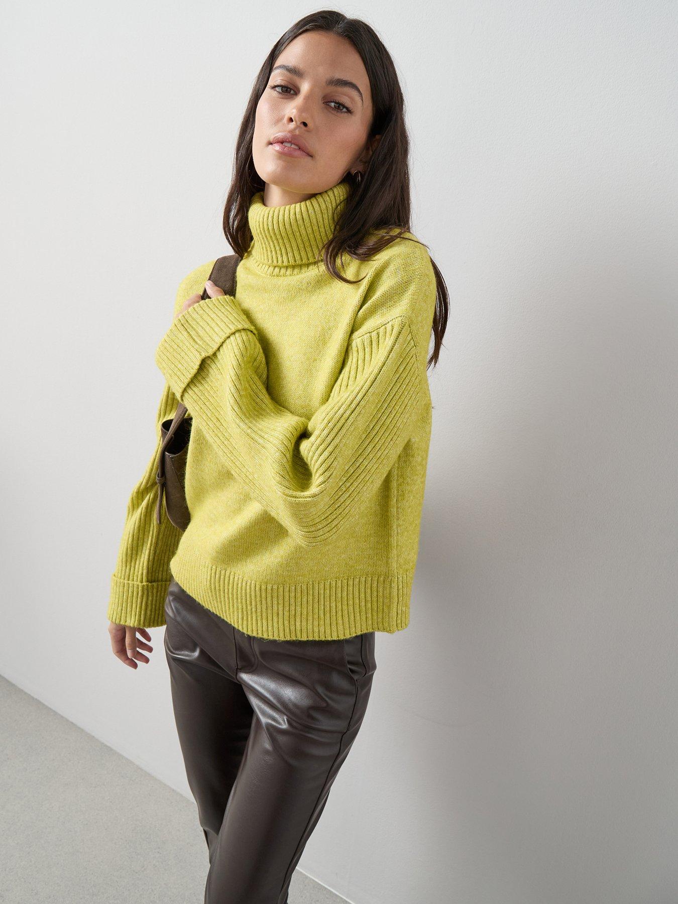 The Very Collection Timeless Yarn Roll Neck Turn Up Cuff Jumper - Chartreuse
