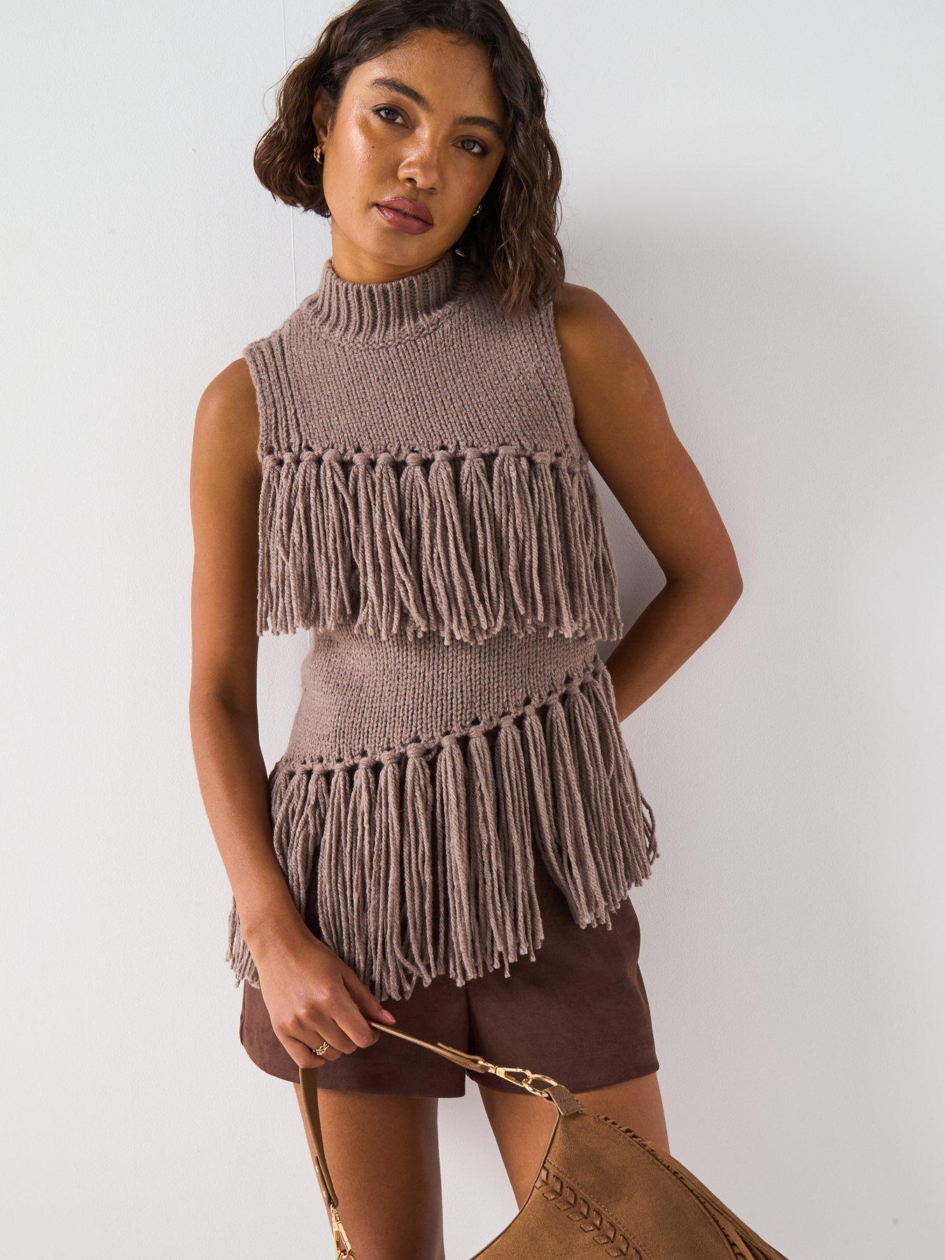 undefined Fringe Detail Sleeveless Knitted Top - Brown