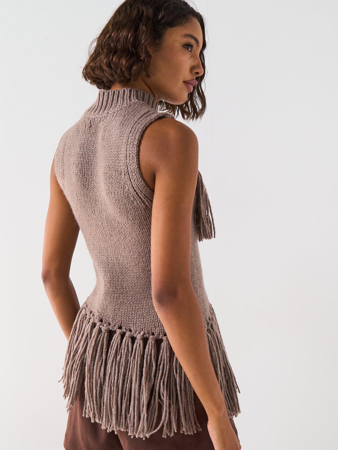 Image 2 of 6 of V by Very Fringe Detail Sleeveless Knitted Jumper - Brown