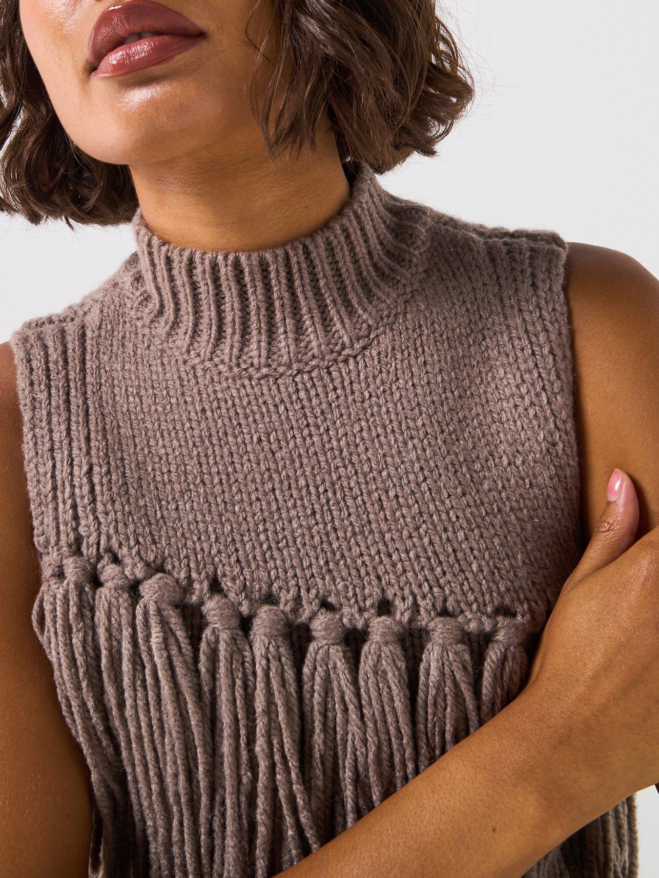 Image 4 of 6 of V by Very Fringe Detail Sleeveless Knitted Jumper - Brown