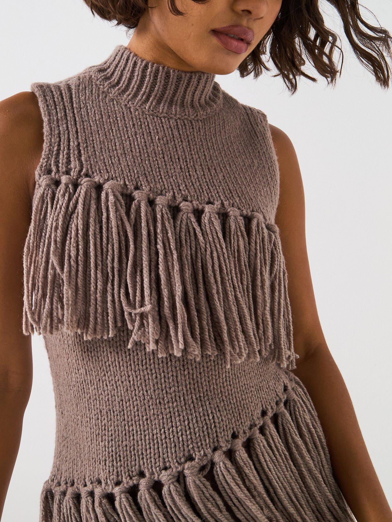 Image 5 of 6 of V by Very Fringe Detail Sleeveless Knitted Jumper - Brown