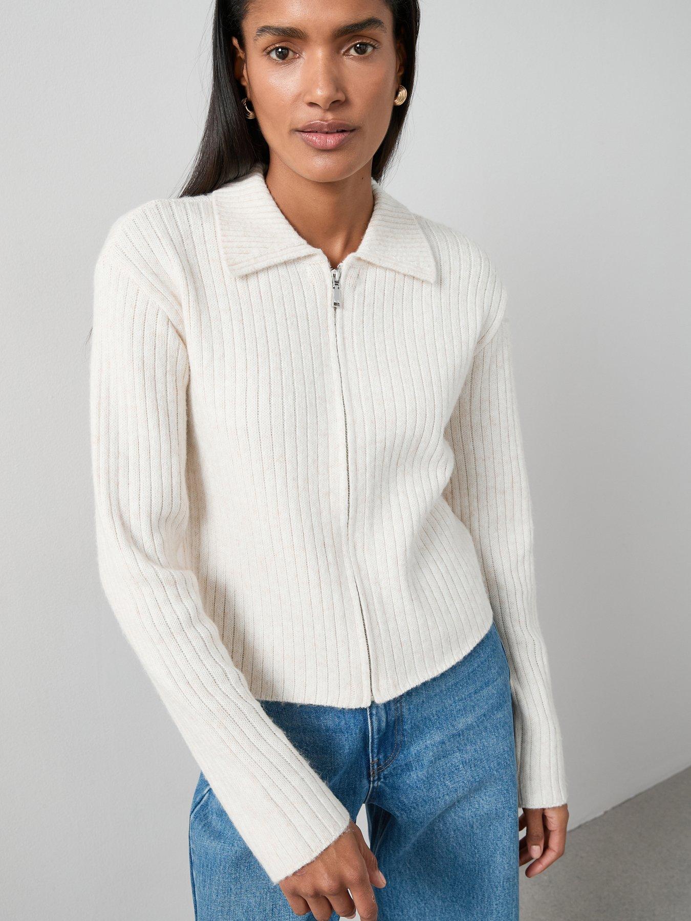 undefined Timeless Yarn Zip Through Ribbed Cardigan - Neutral