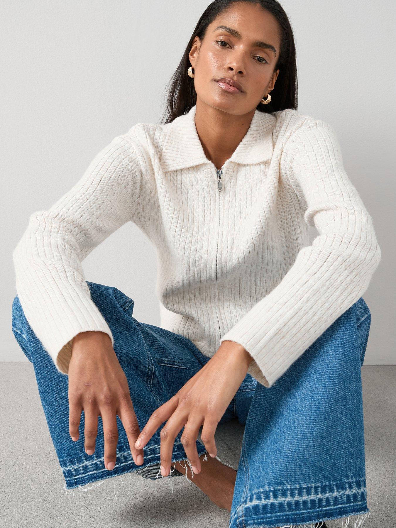 Image 5 of 7 of The Very Collection Timeless Yarn Zip Through Ribbed Cardigan - Neutral
