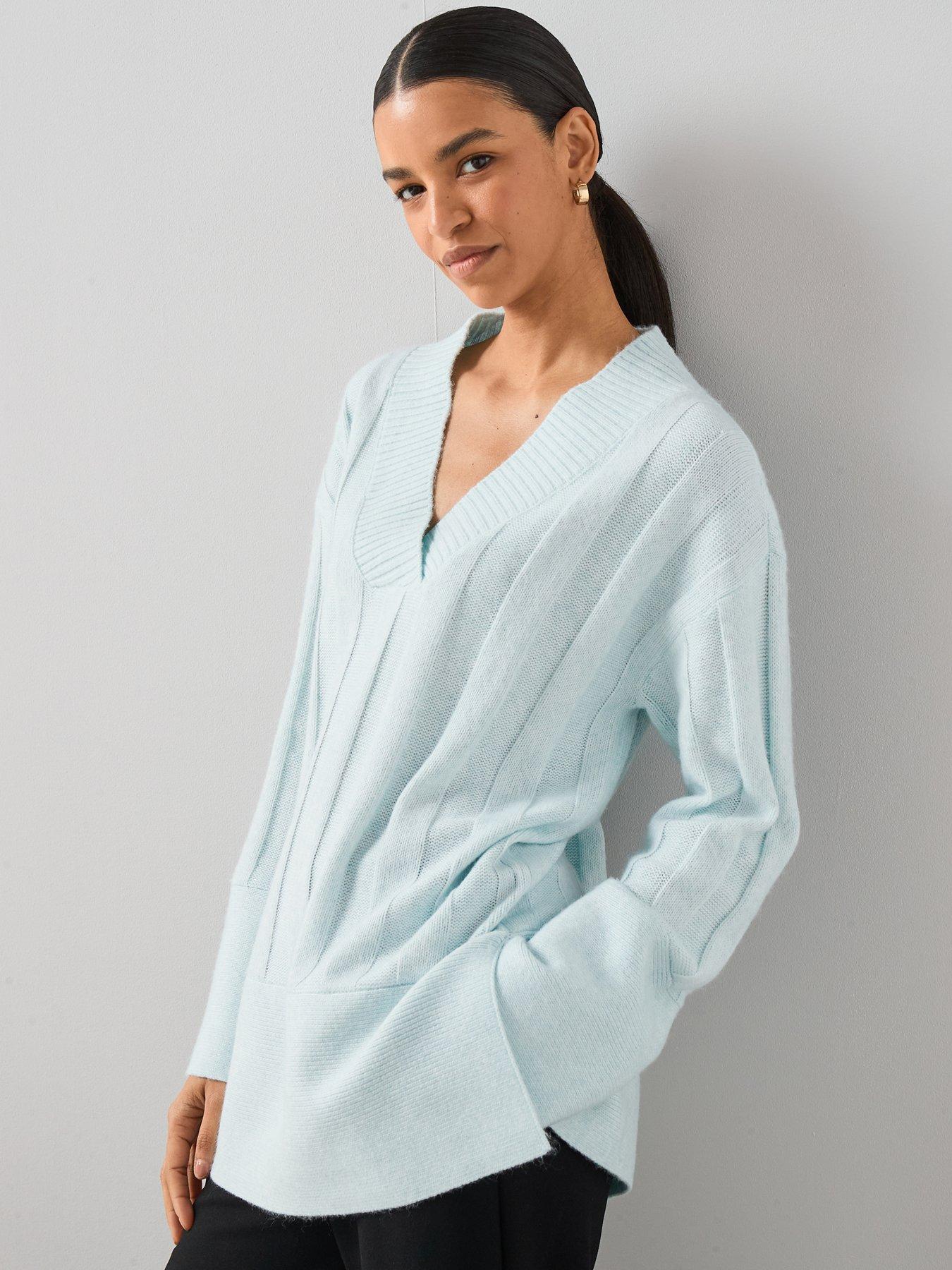 The Very Collection Timeless Yarn Deep Rib Longline V Neck Jumper - Light Blue