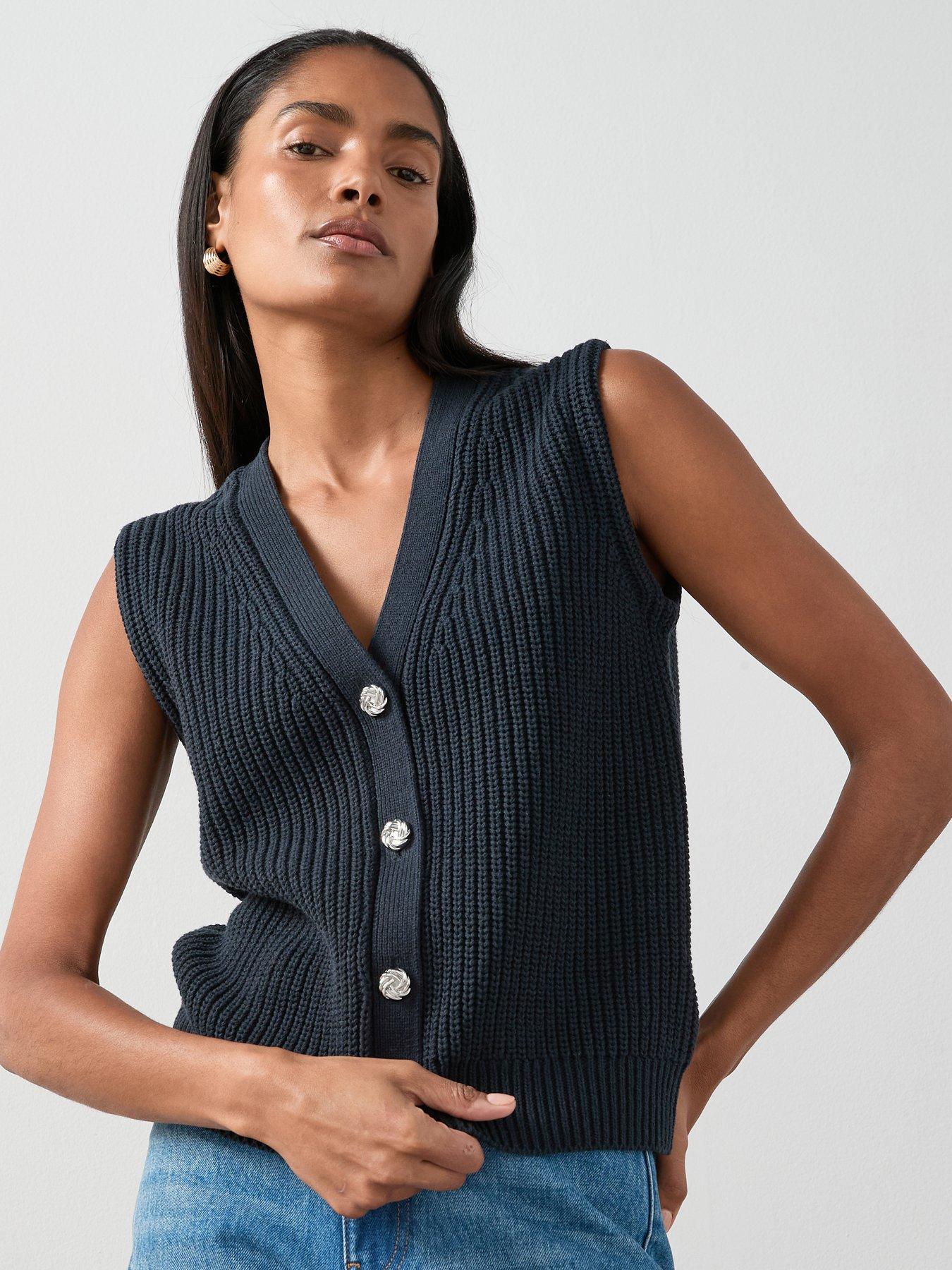 The Very Collection Cotton Rich Neck Knitted Buttoned Tank Top - Black