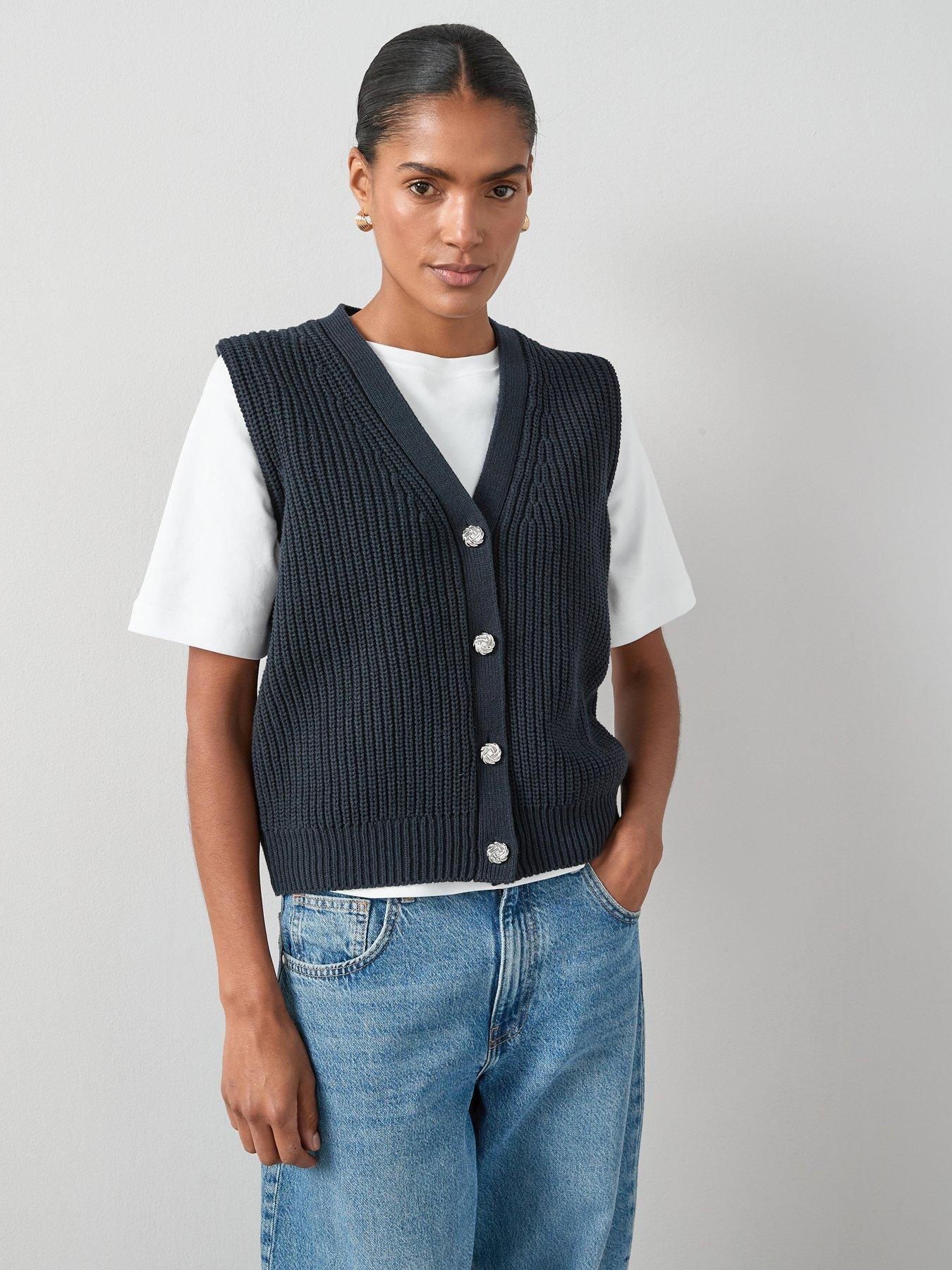 undefined Cotton Rich Neck Knitted Buttoned Tank Top - Blue