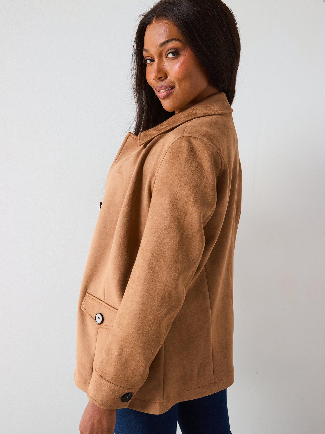 Image 2 of 6 of V by Very Curve Faux Suede Longline Jacket - Beige