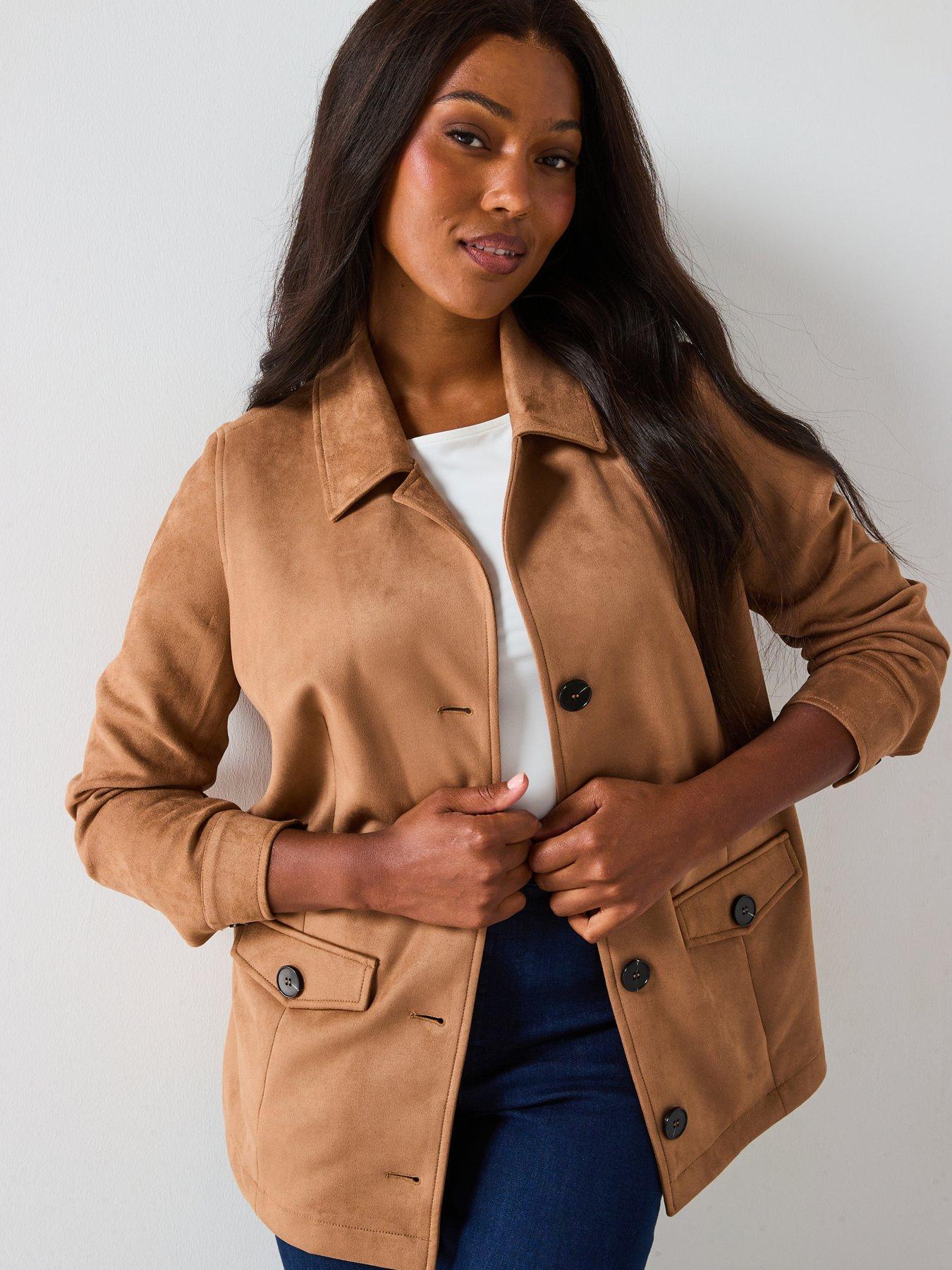 Image 5 of 6 of V by Very Curve Faux Suede Longline Jacket - Beige
