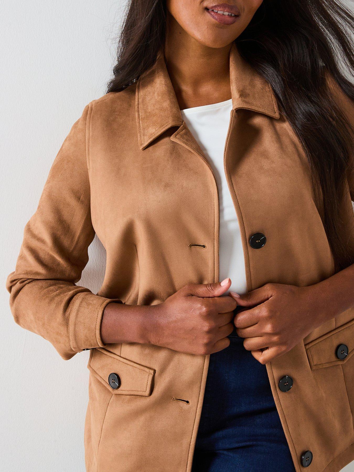 Image 6 of 6 of V by Very Curve Faux Suede Longline Jacket - Beige