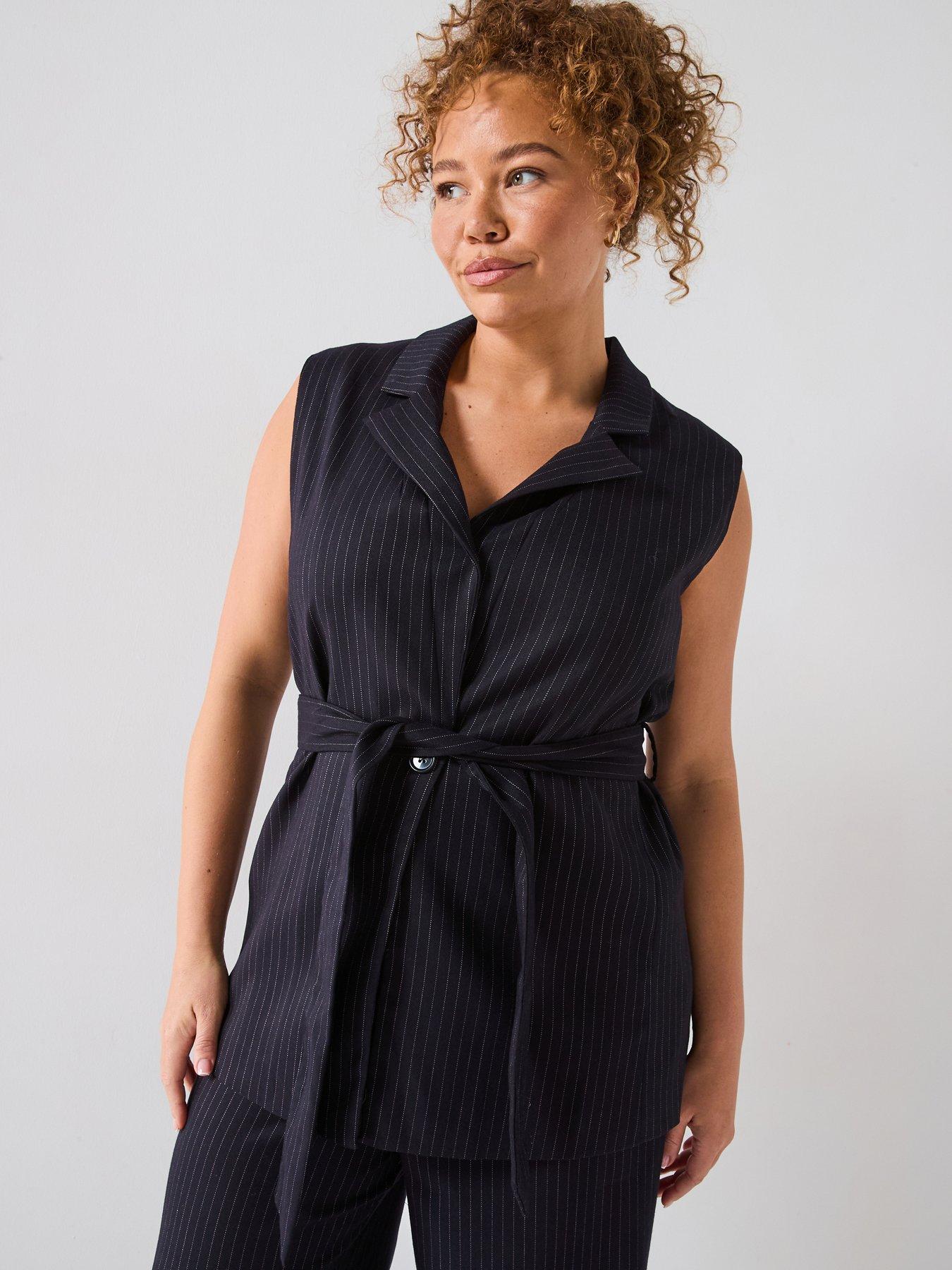 undefined Pinstripe Belted Longline Waistcoat - Navy