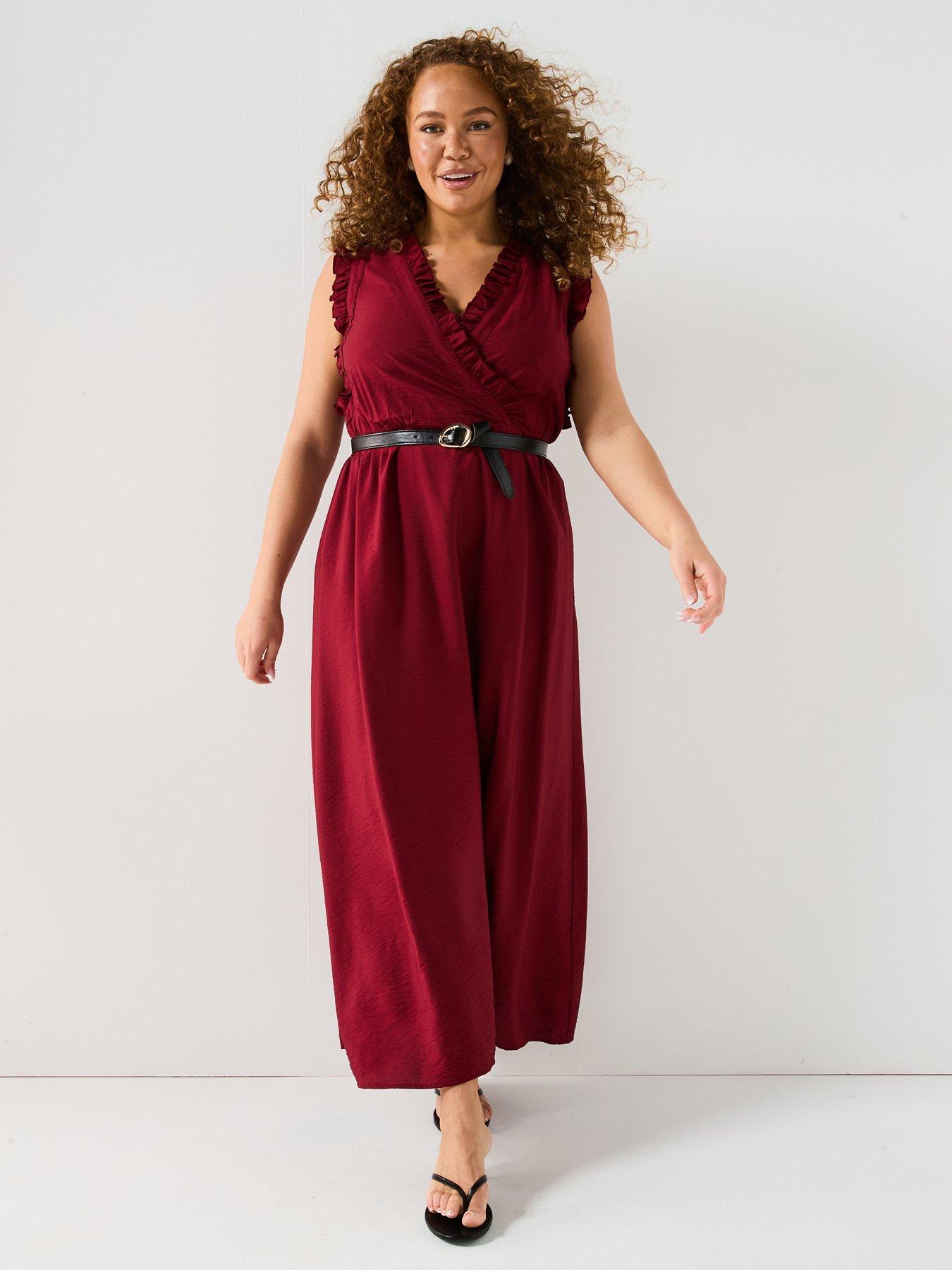 V by Very Curve Frill Detail Belted Maxi Dress - Red