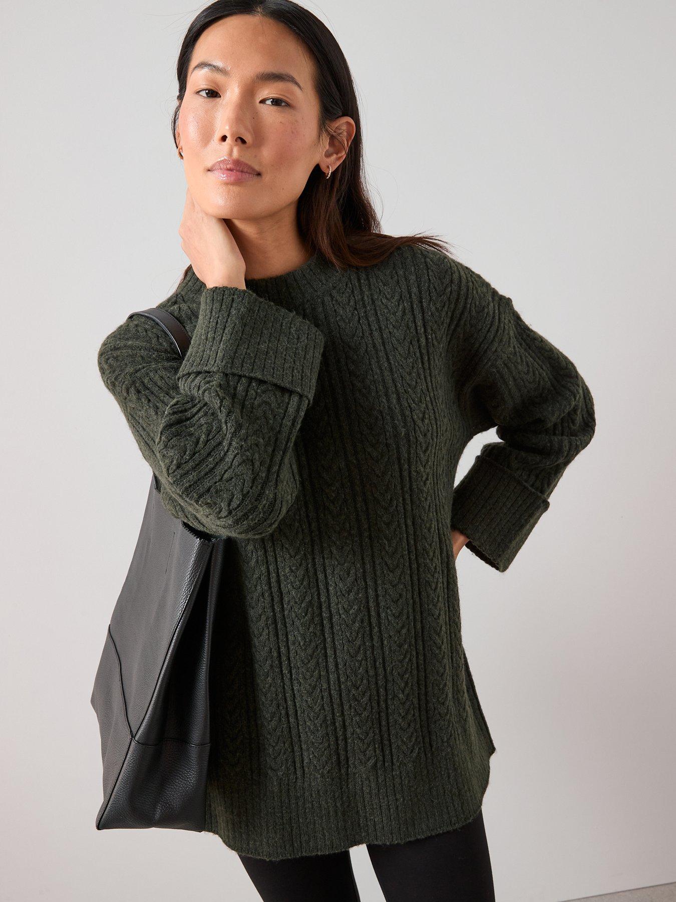 The Very Collection Timeless Yarn Crew Neck Turn Up Cuff Cable Jumper - Dark Green