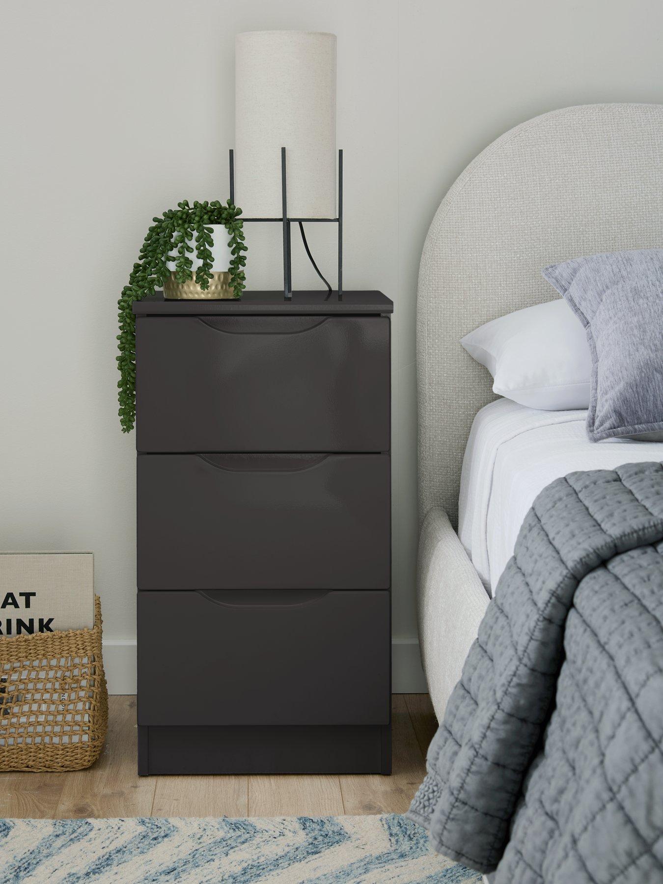 One Call Monaco Ready Assembled 3 Drawer Bedside Table - Dark Grey Gloss