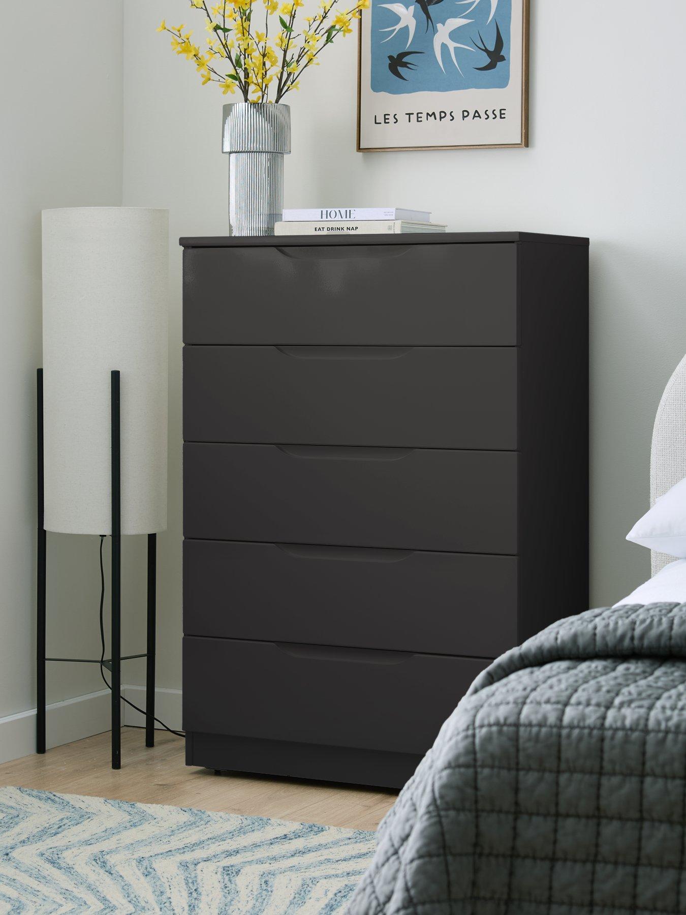 undefined Monaco Ready Assembled 5 Drawer Bedroom Chest - Dark Grey Gloss