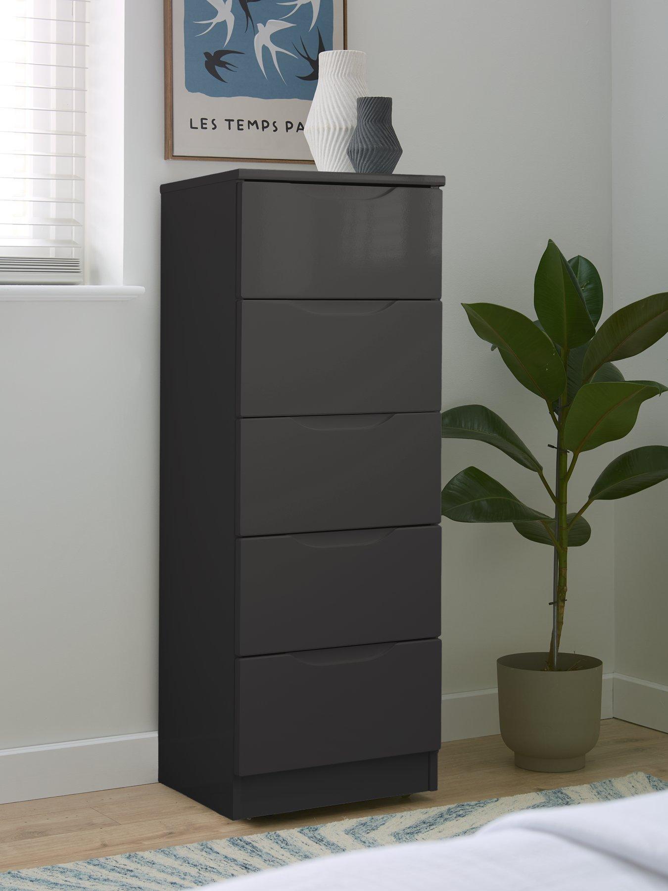 undefined Monaco Ready Assembled 5 Drawer Tall Boy Chest - Dark Grey Gloss