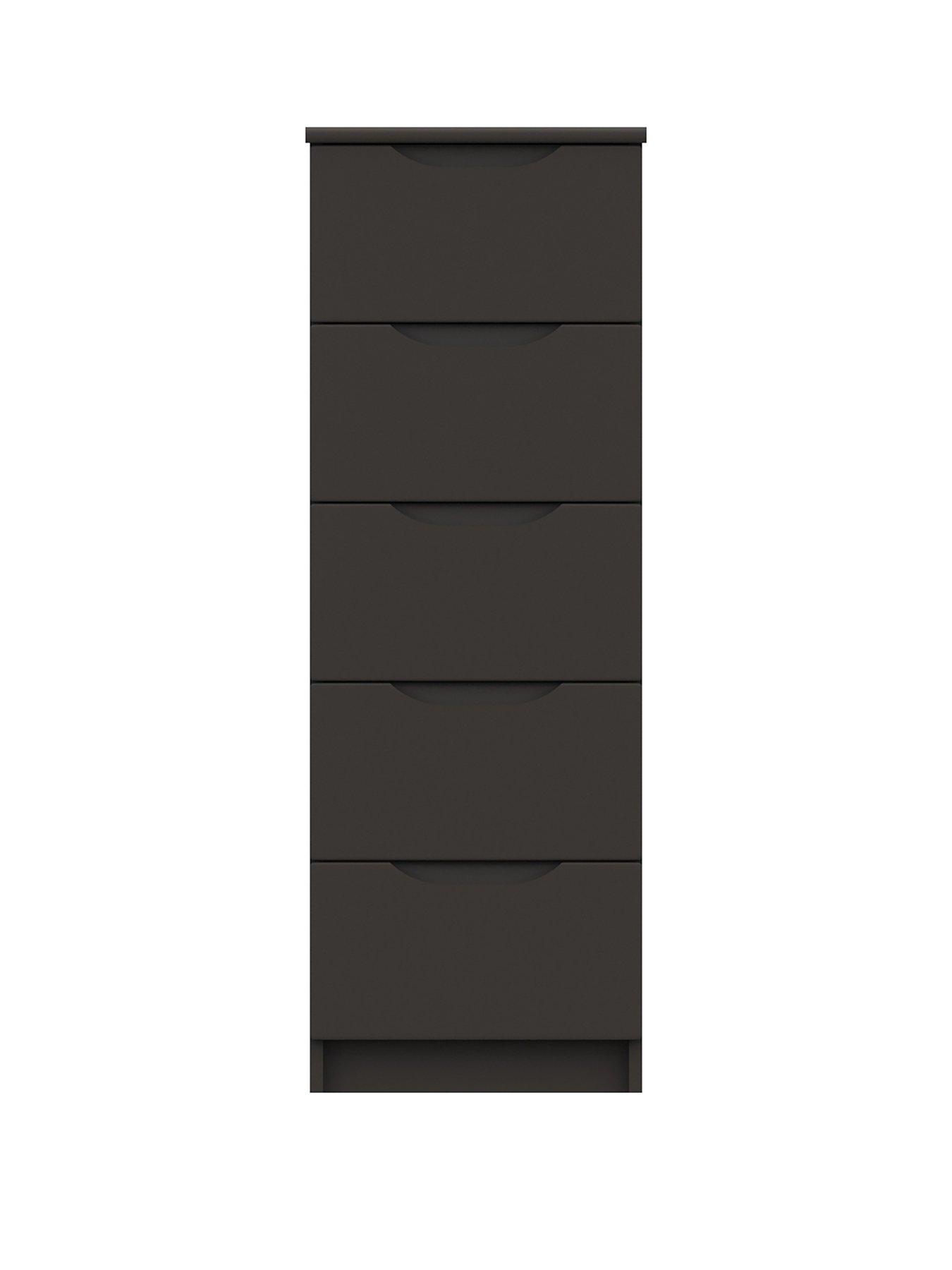 front image of one-call-monaco-ready-assembled-5-drawer-tall-boy-chest-dark-grey-gloss