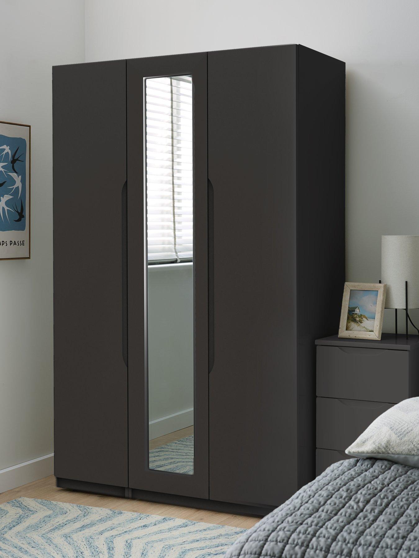 undefined Monaco Ready Assembled 3 Door Wardrobe With Centre Mirror - Dark Grey Gloss