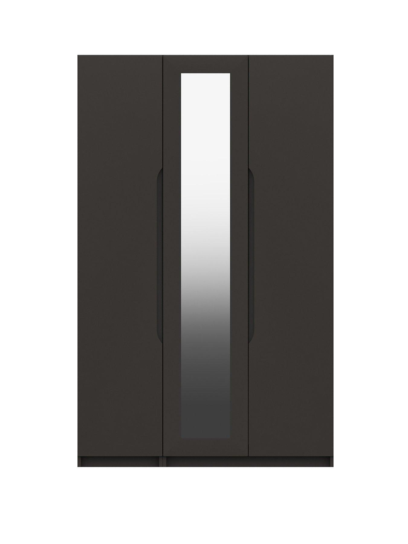  image of one-call-monaco-ready-assemblednbsp3-door-wardrobe-with-centre-mirror-dark-grey-gloss